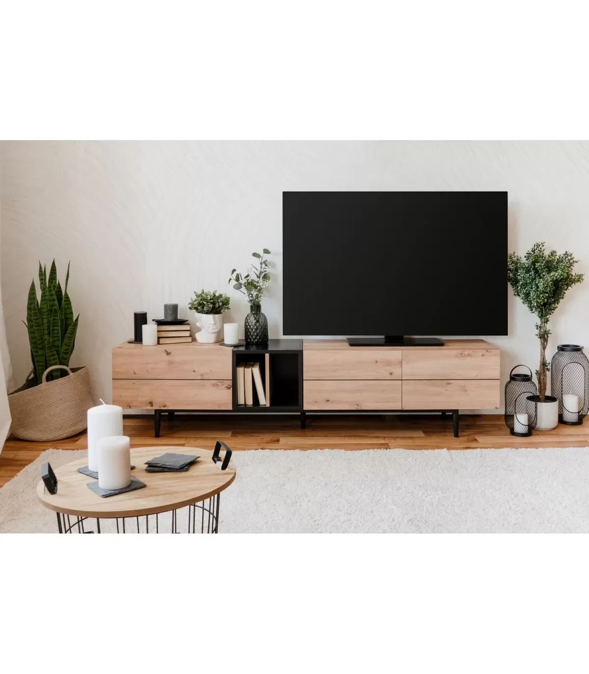 Illustration numéro 2 du produit Meuble TV 3 Portes 2 Niches L 195 cm - Décor Bois clair et Noir