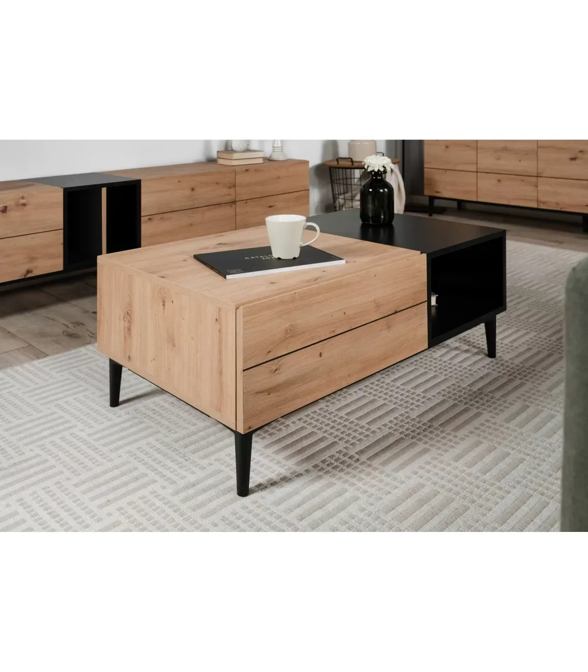 Illustration numéro 2 du produit Table Basse 1 Tiroir L100 cm - Décor Bois Clair et Noir