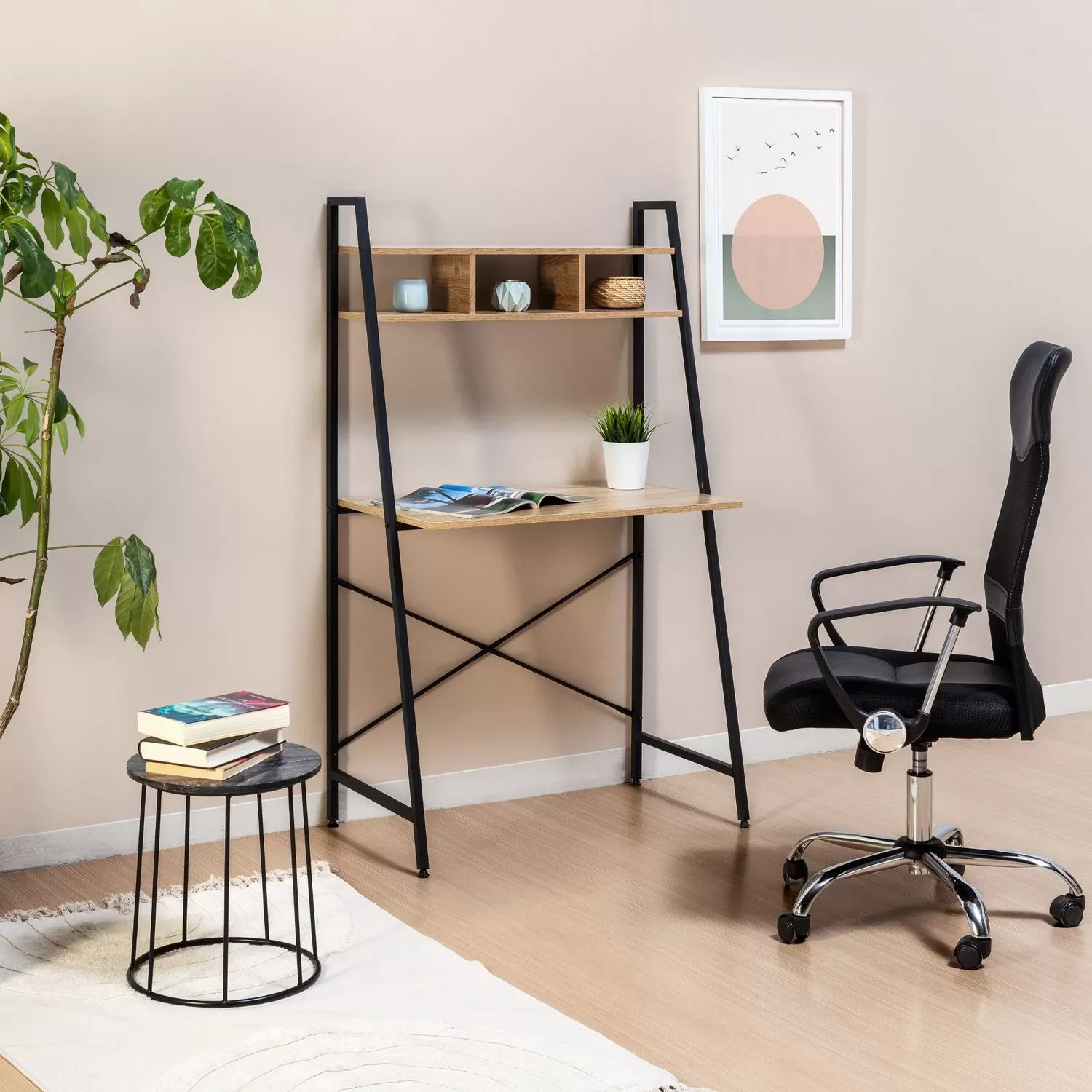 Illustration numéro 2 du produit Bureau noir, 1 étagère, style industriel, 84 cm longueur