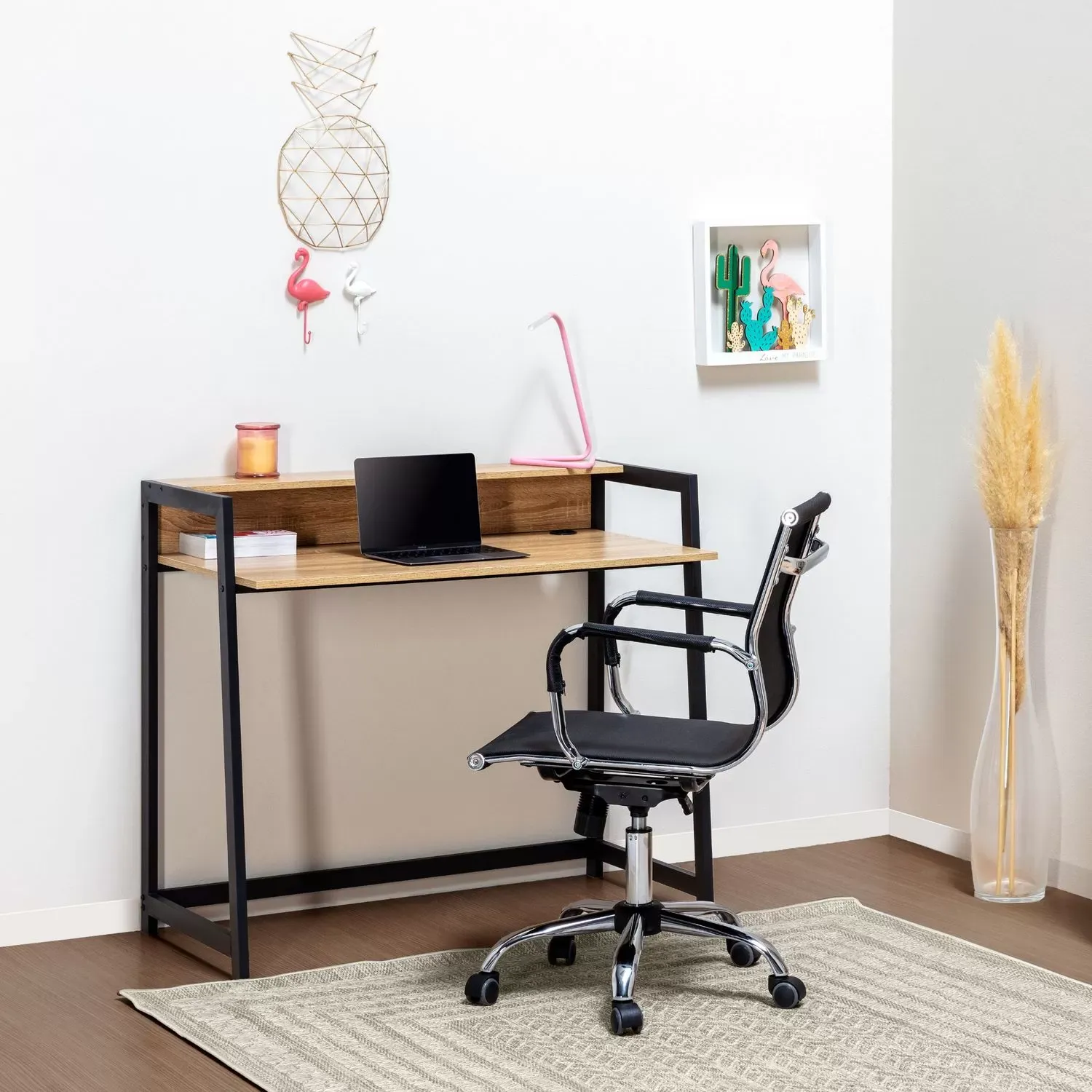 Illustration numéro 2 du produit Bureau noir, 1 étagère, style industriel, 104 cm longueur