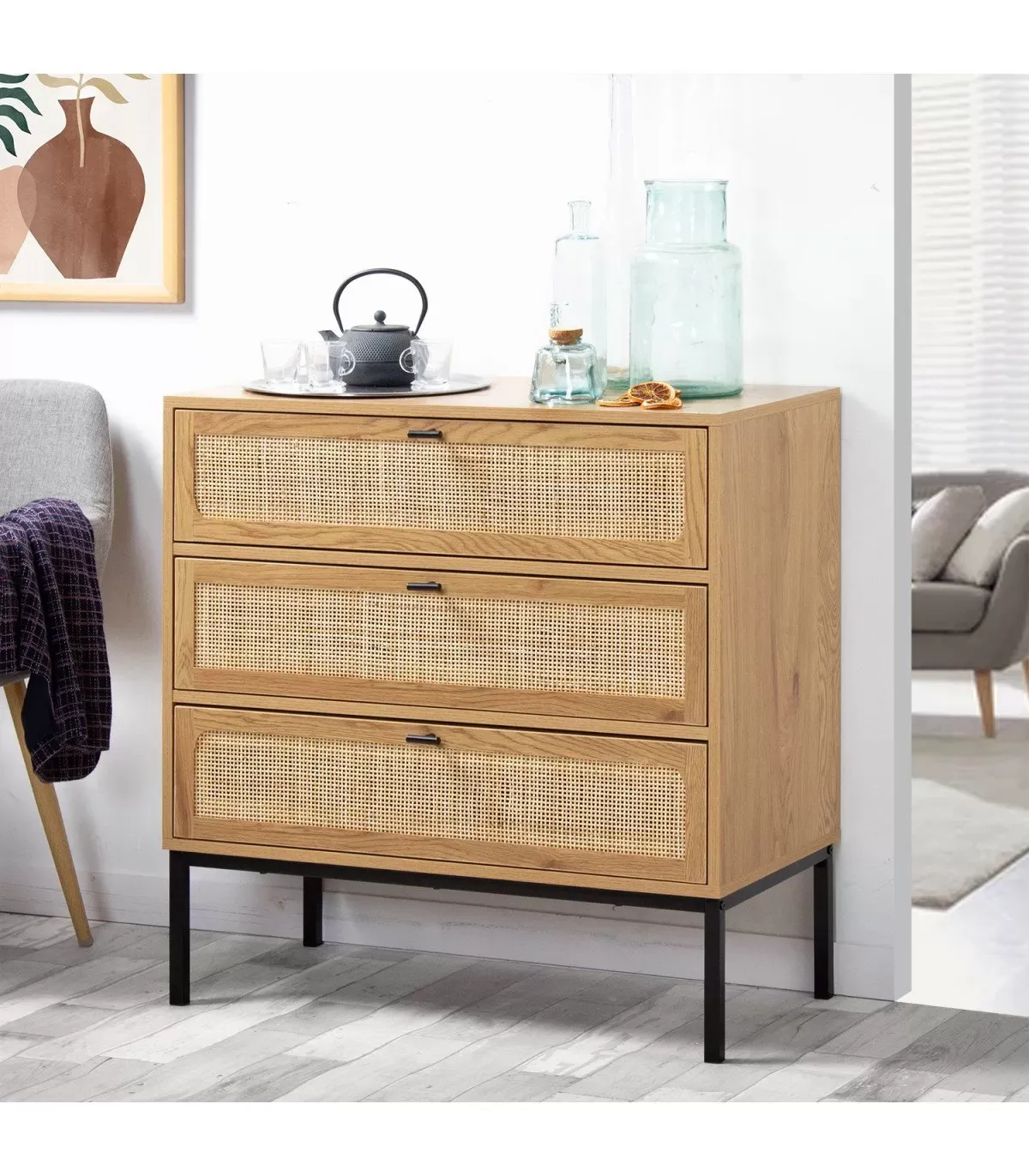 Illustration numéro 2 du produit Commode 3 tiroirs décor chêne et façade en rotin - L80 x P39 cm