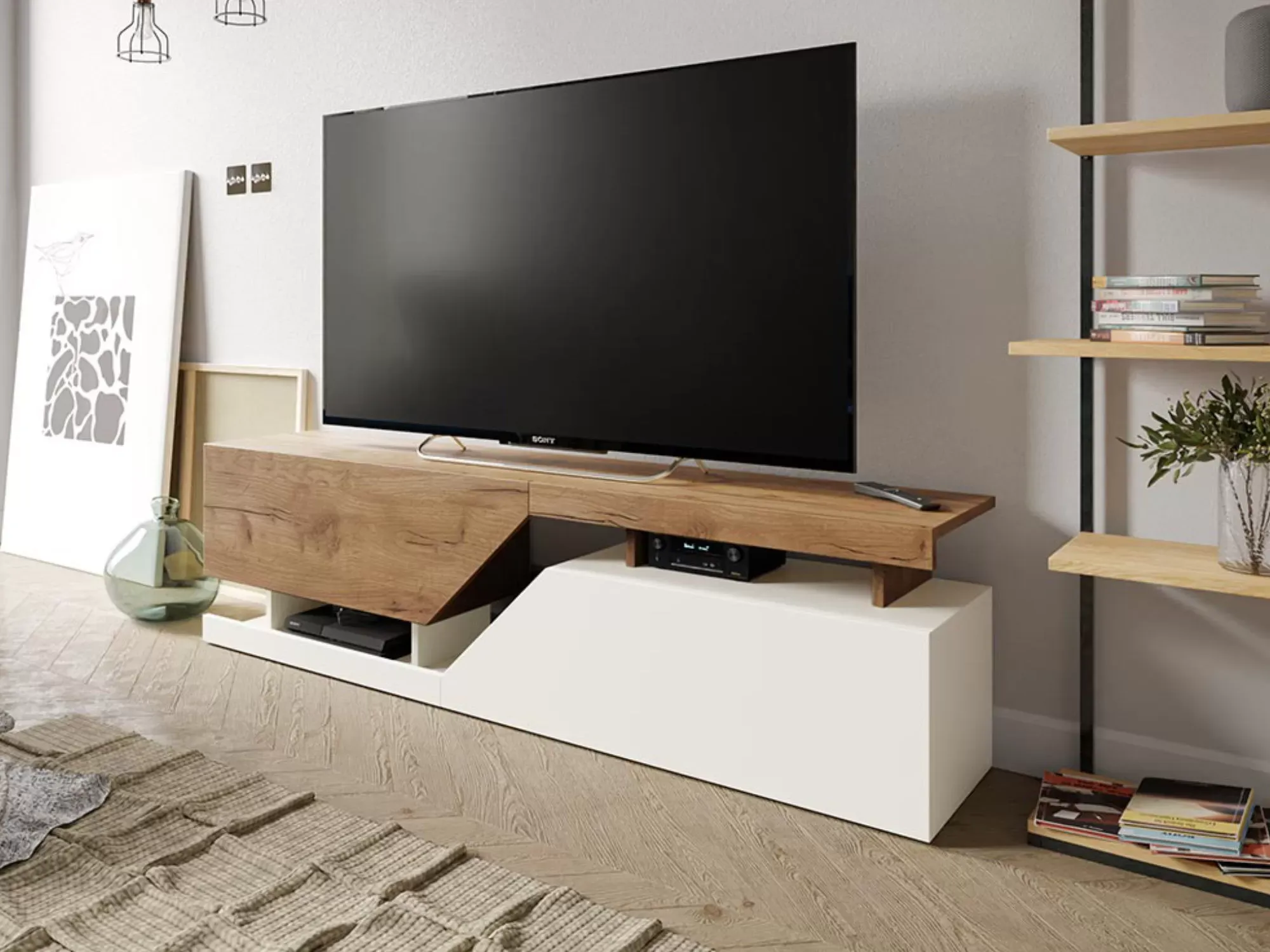 Illustration numéro 2 du produit Meuble TV style industriel 160 cm bois / blanc