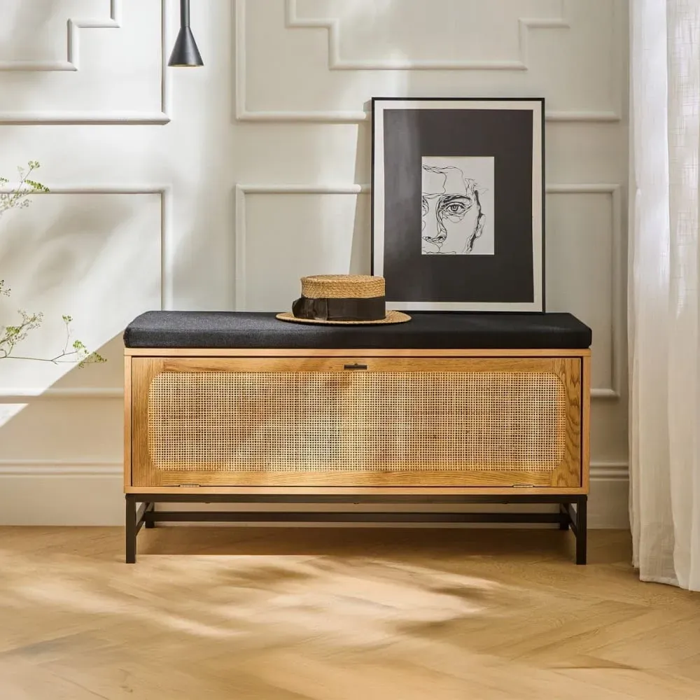 Illustration numéro 2 du produit Banc d'entrée avec rangements effet bois et façade en rotin L100 cm