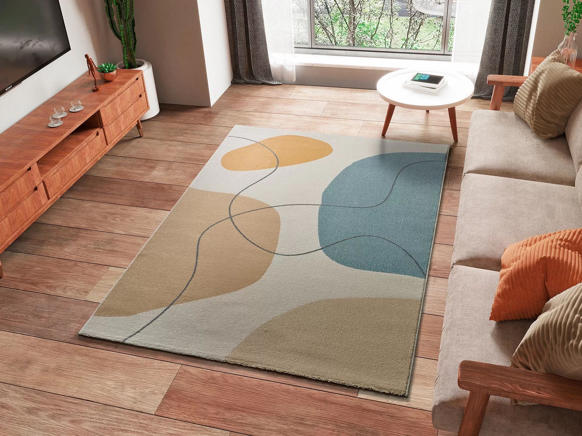 Illustration numéro 2 du produit Tapis formes organiques beige/bleu/moutarde 160x230 cm