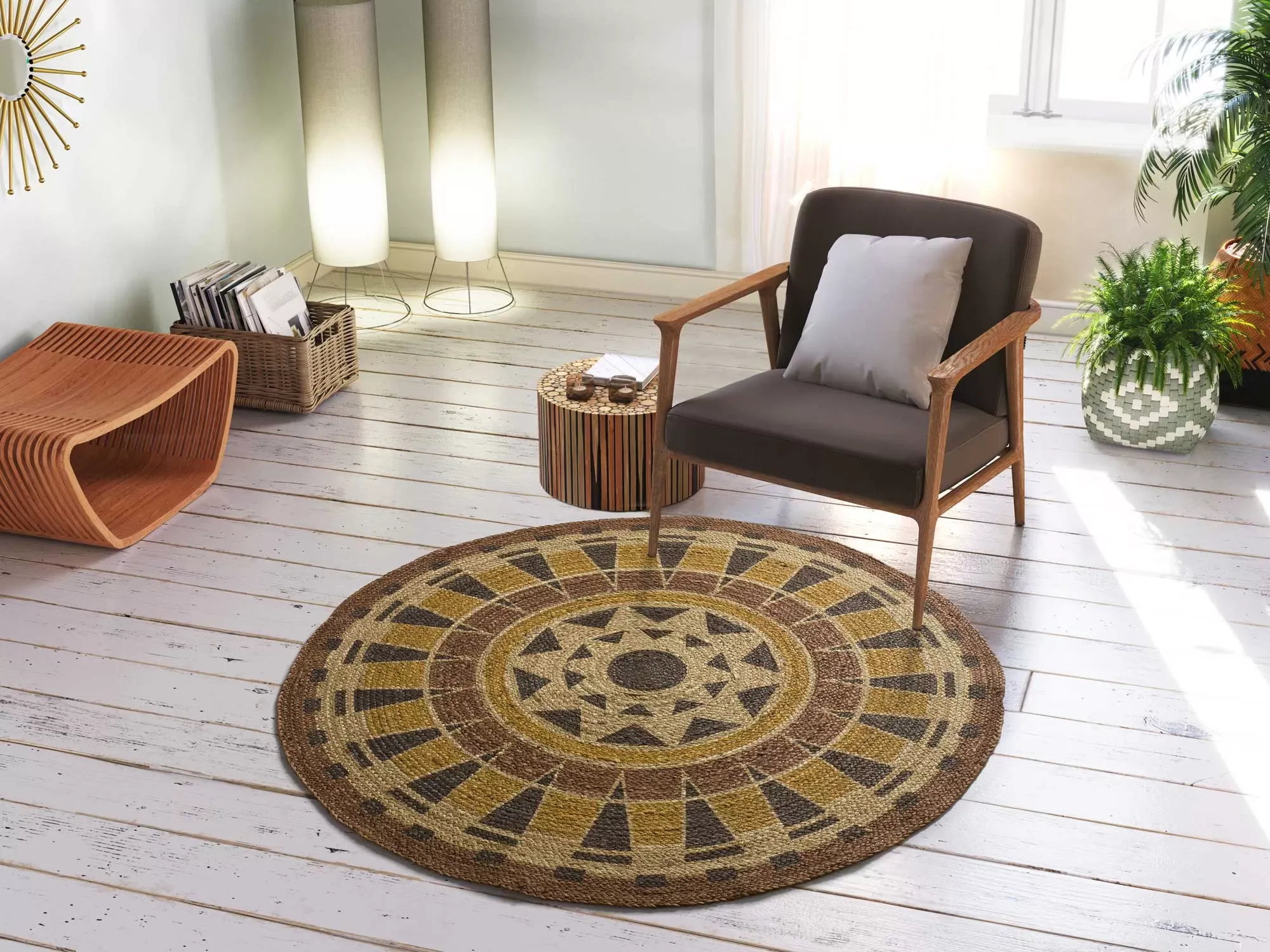 Illustration numéro 2 du produit Tapis rond en jute ethnique marron/jaune/beige  120x120 cm