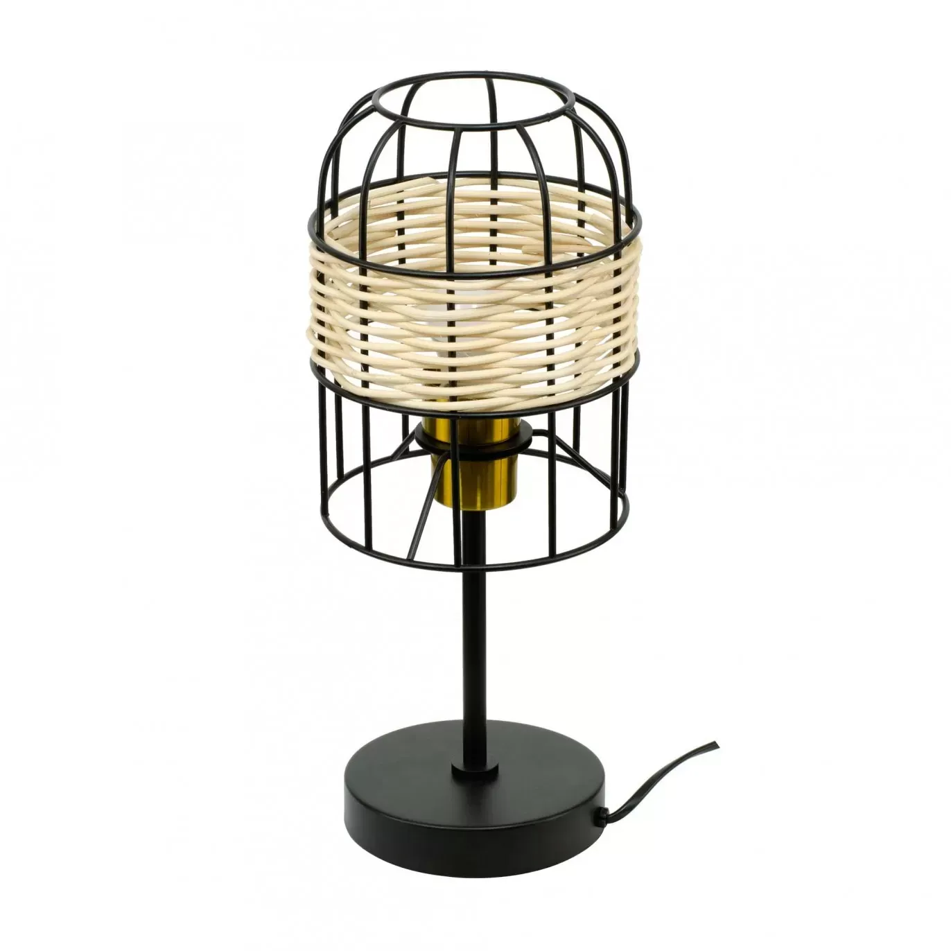 Illustration numéro 2 du produit Lampe à poser tactile en métal noir et rotin tressé naturel