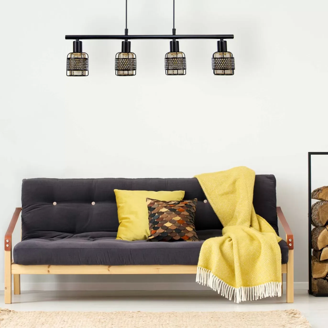 Illustration numéro 2 du produit Suspension 4 lumières en métal grillagé noir et cuivré