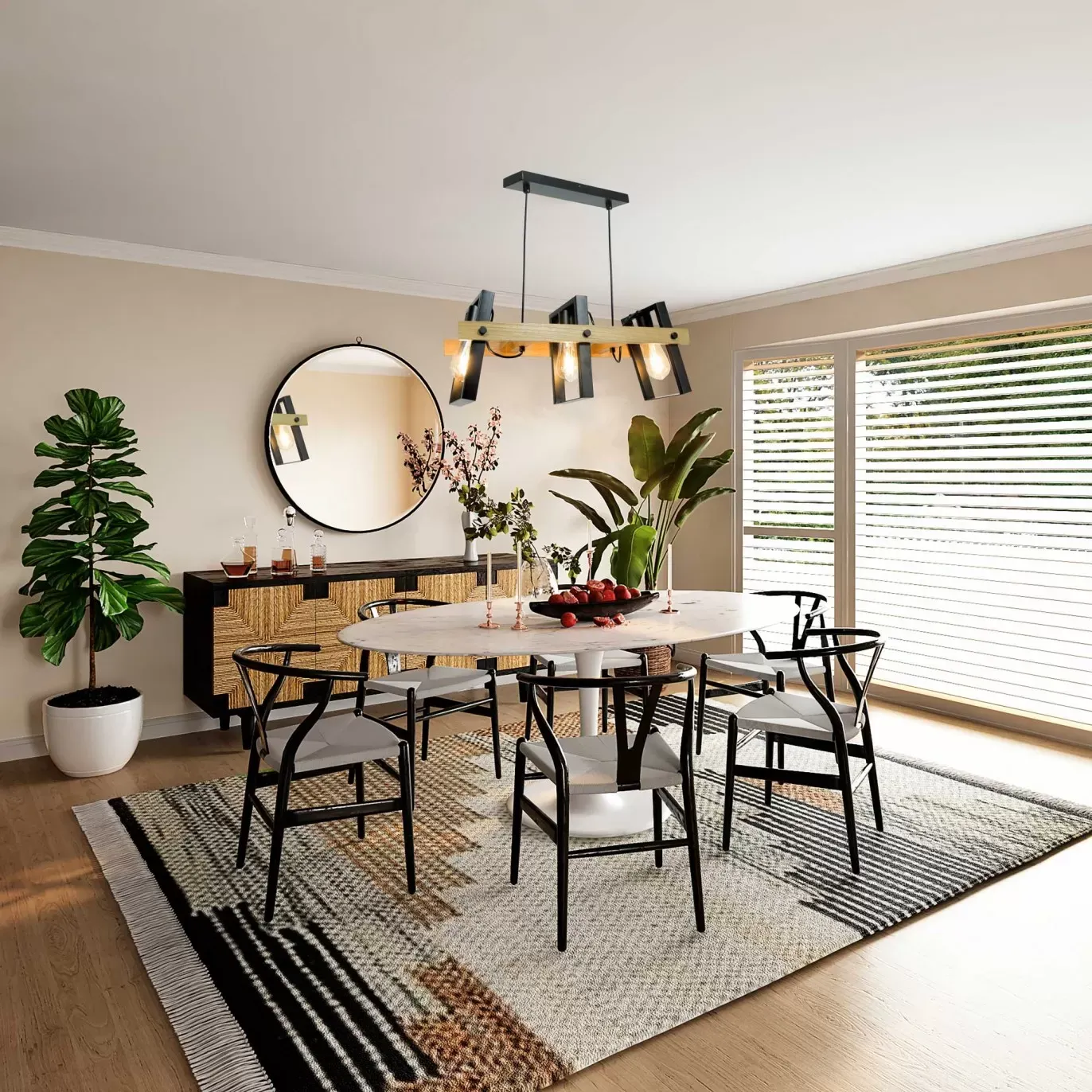 Illustration numéro 2 du produit Suspension 3 lumières orientable en métal noir et bois marron