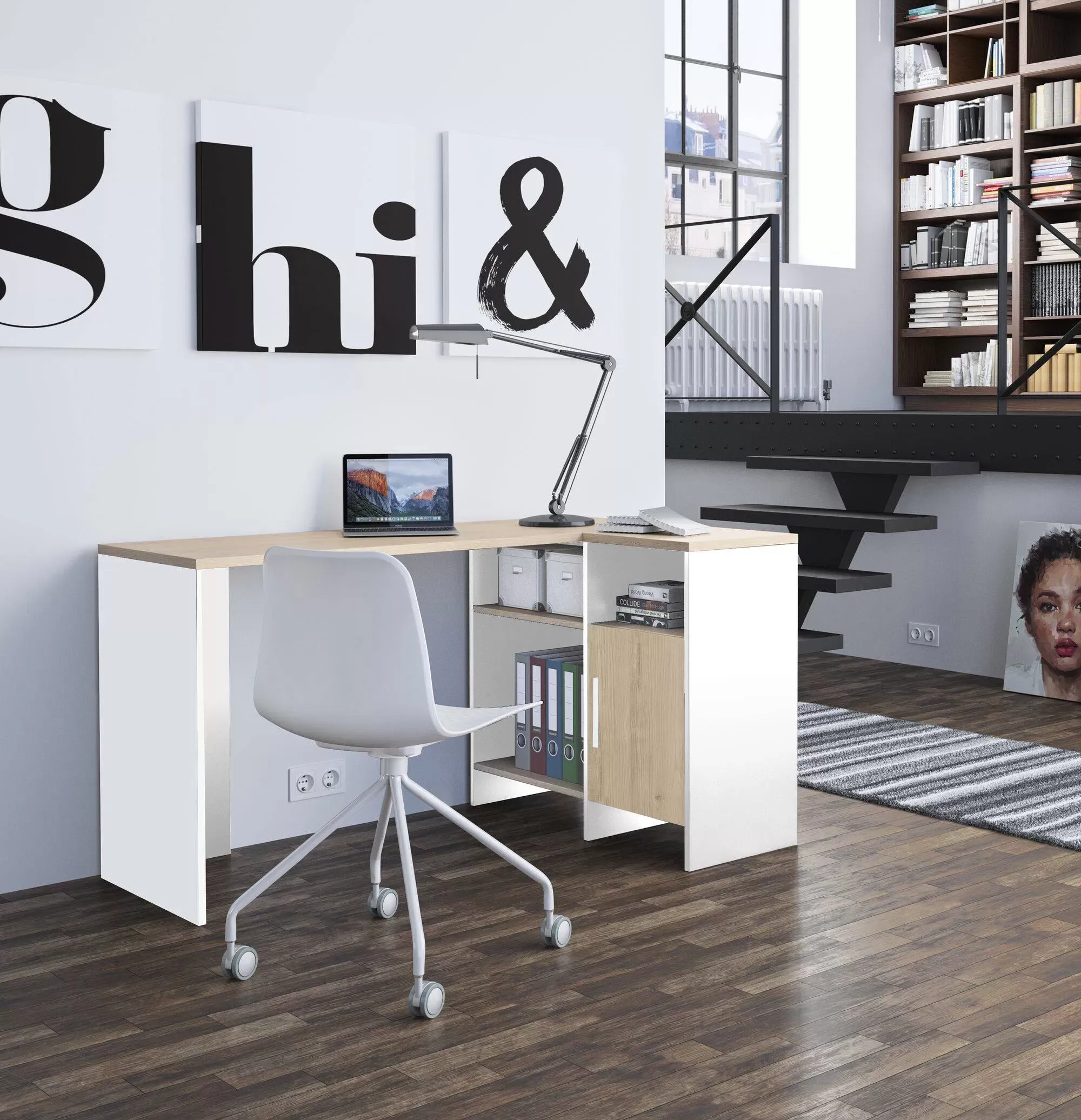 Illustration numéro 2 du produit Bureau d'angle effet bois et blanc