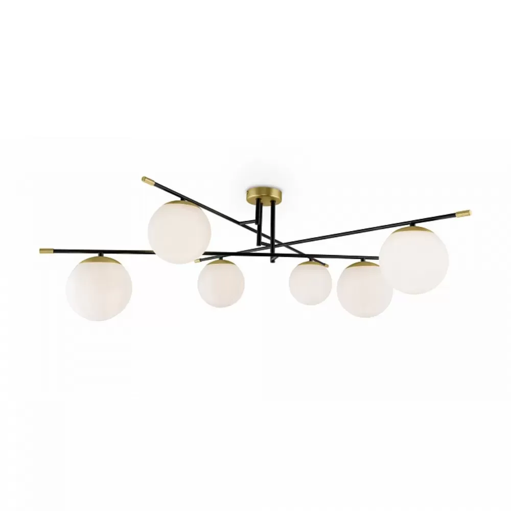 Illustration numéro 2 du produit Suspension 6 lumières dorée et noir avec sphères en verre blanc mat