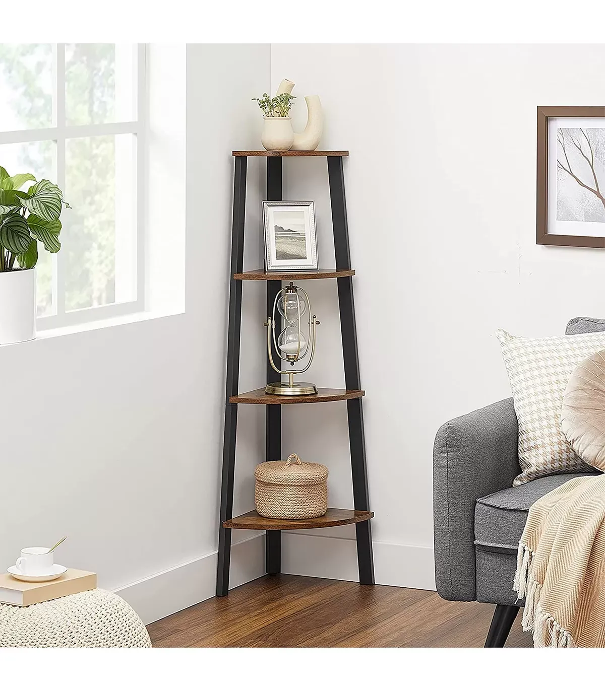 Illustration numéro 2 du produit Étagère d'angle industrielle à 4 niveaux métal et effet bois rustique