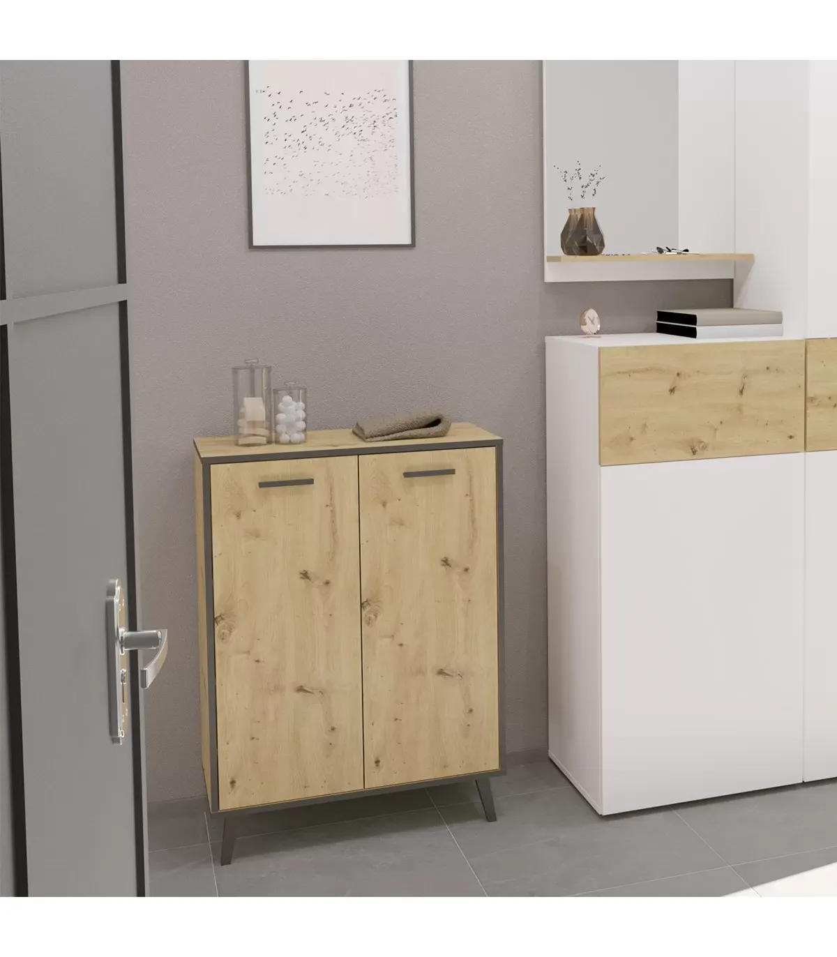 Illustration numéro 2 du produit Petit buffet décor 2 portes chêne et gris foncé - L68,5 cm