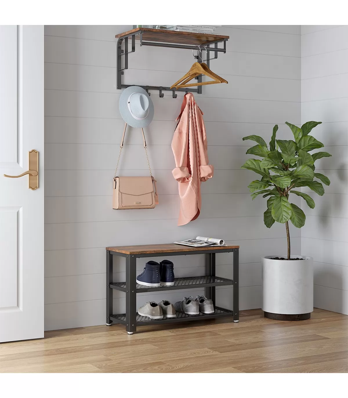 Illustration numéro 2 du produit Banc à chaussures à 2 niveaux - L73 cm - Effet Bois foncé
