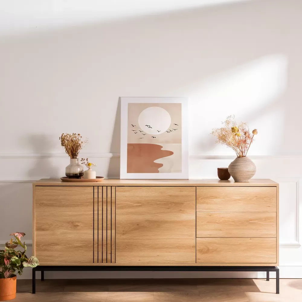 Illustration numéro 2 du produit Buffet 2 portes 3 tiroirs en bois et métal L180cm - Bois clair