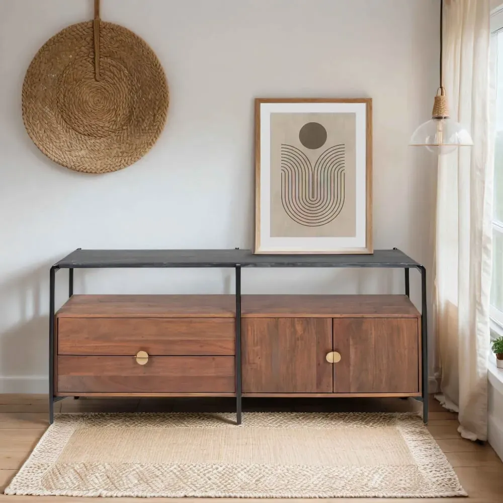 Illustration numéro 2 du produit Meuble TV en marbre avec rangement en acacia massif 152 cm