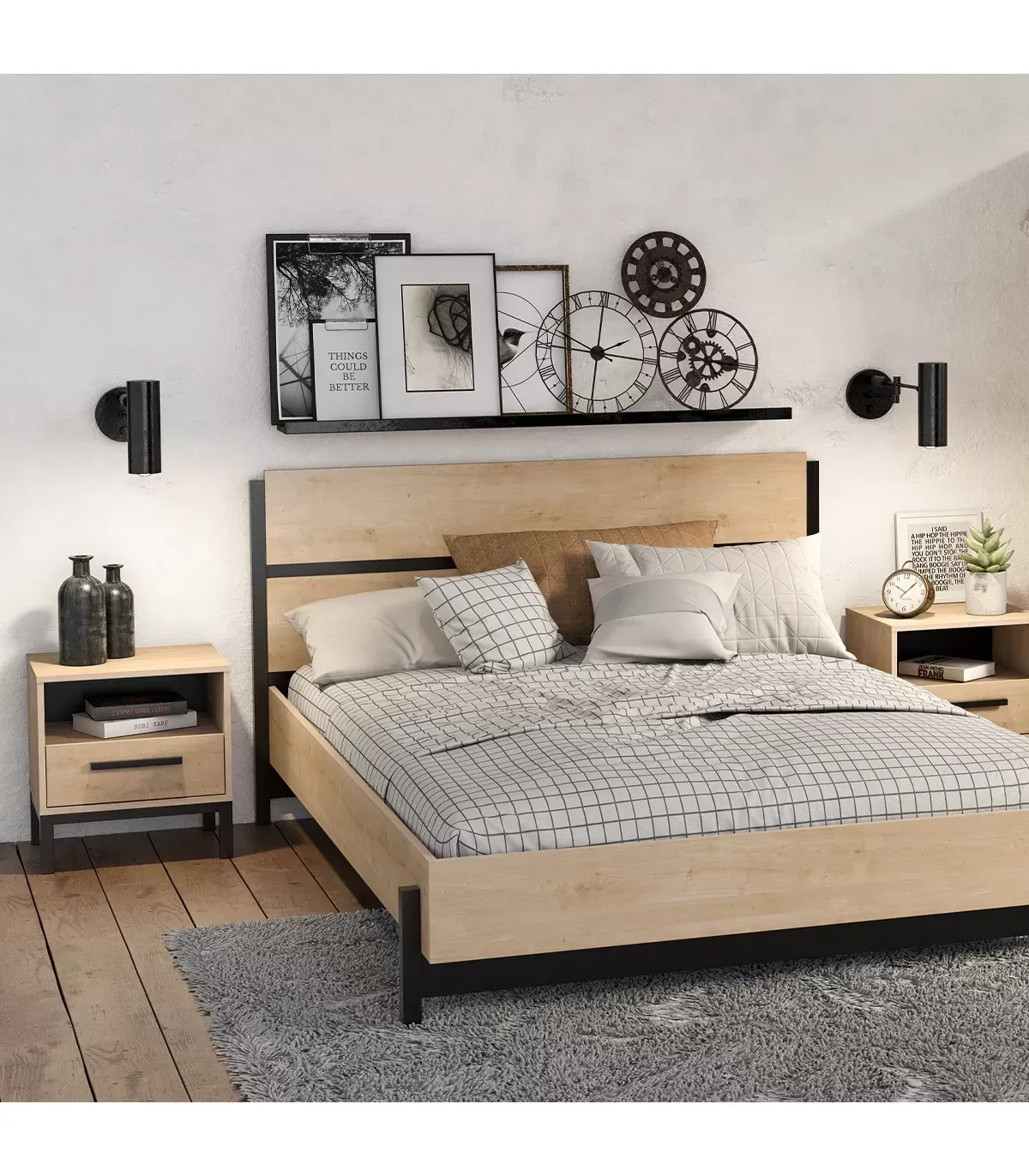 Illustration numéro 2 du produit Chevet 1 tiroir et 1 niche décor chêne et noir mat - L44,6 cm