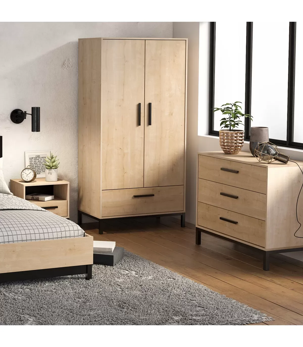 Illustration numéro 2 du produit Commode 3 tiroirs décor chêne et noir mat - L90,7 cm