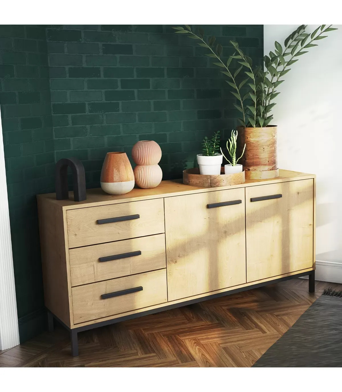 Illustration numéro 2 du produit Buffet 2 portes et 3 tiroirs décor chêne et noir mat