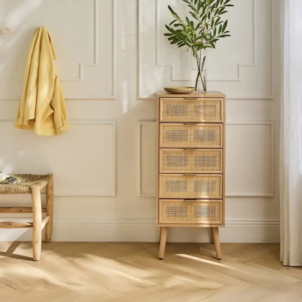 Illustration numéro 2 du produit Chiffonnier 5 tiroirs façades en rotin naturel - H100 cm