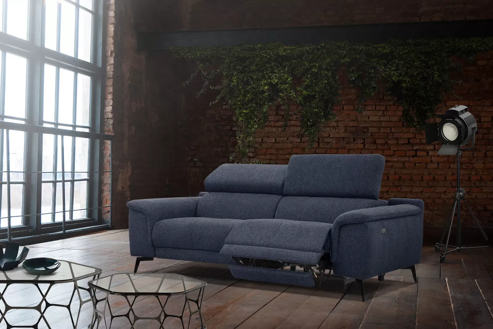 Illustration numéro 2 du produit Canapé 3 places avec 1 fonction relax et appuie-tête réglables, bleu