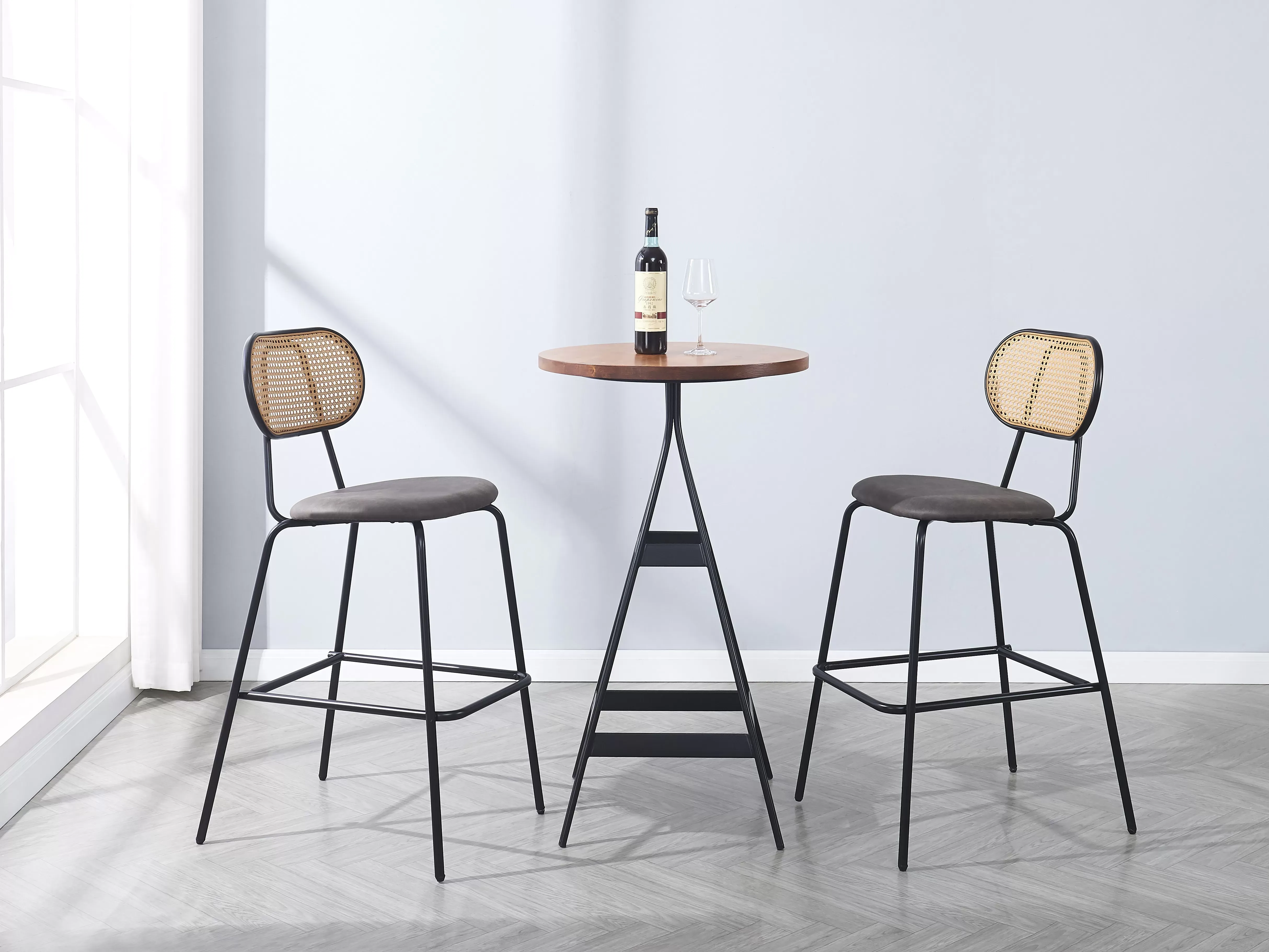 Illustration numéro 2 du produit Lot de 2 tabourets de bar en métal et cannage tissu noir