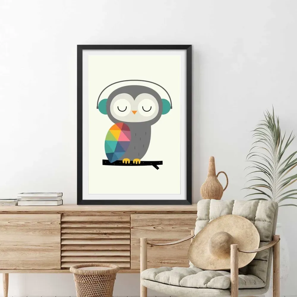 Illustration numéro 2 du produit Affiche  hibou music avec cadre noir 30x45 cm
