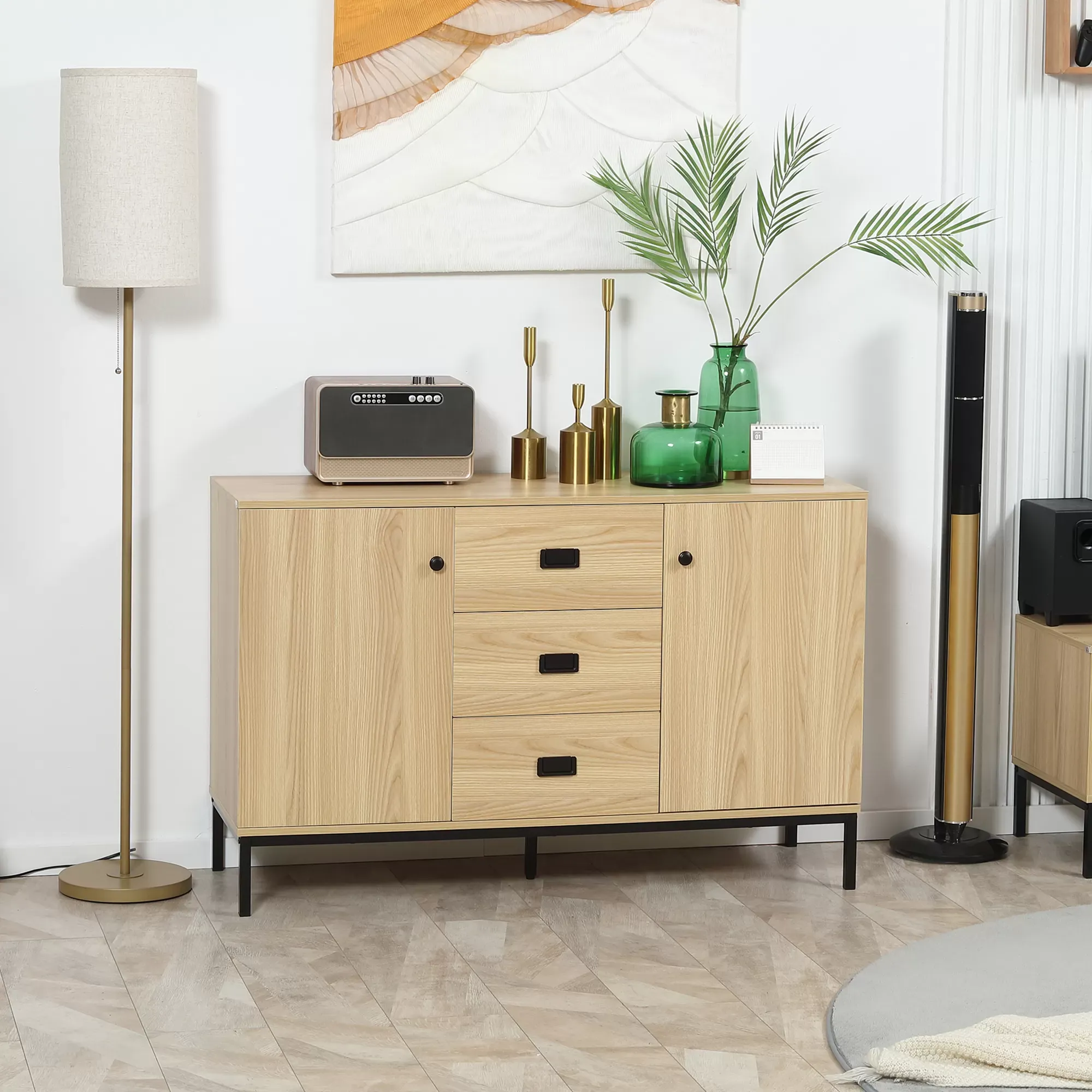 Illustration numéro 2 du produit Buffet industriel - 2 portes, 3 tiroirs - métal noir aspect bois clair