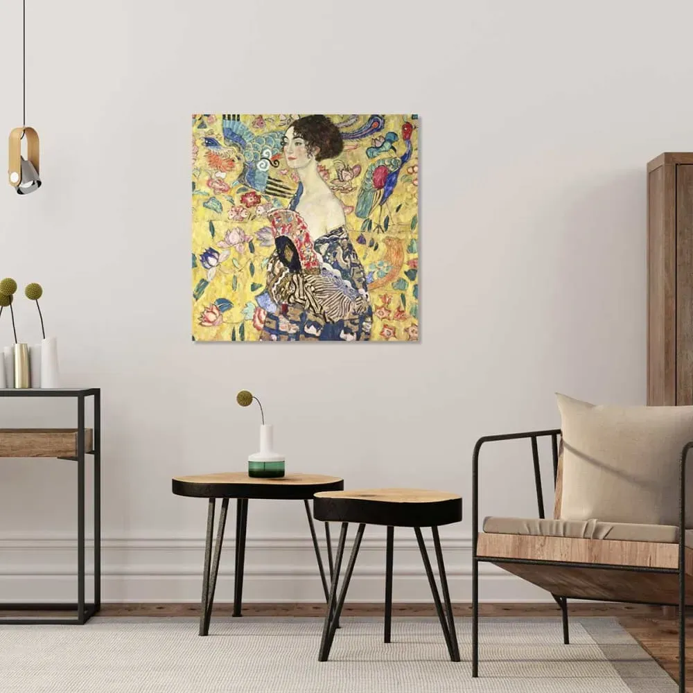 Illustration numéro 2 du produit Tableau d'art de Klimt la dame à l'éventail imprimé sur toile 50x50 cm