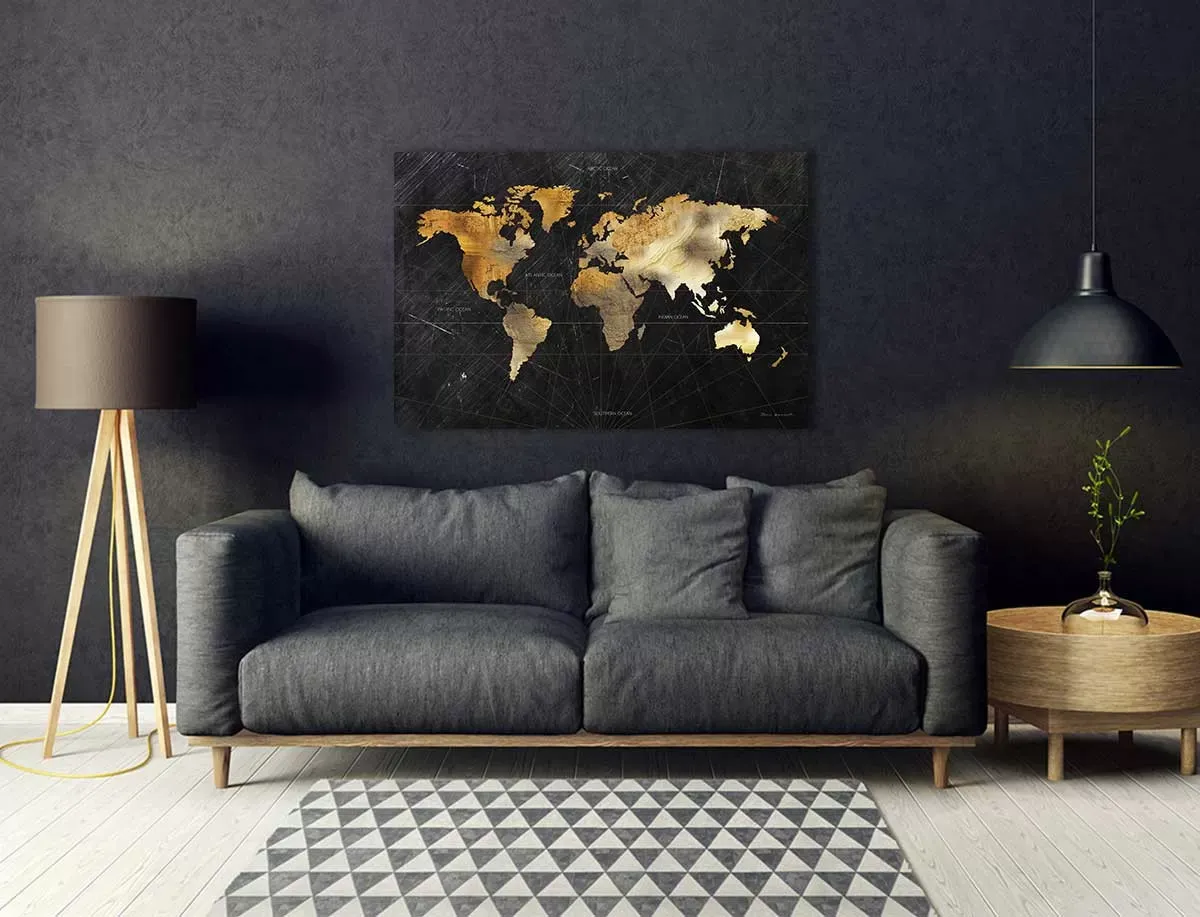 Illustration numéro 2 du produit Tableau carte du monde dorée imprimé sur toile 90x60 cm