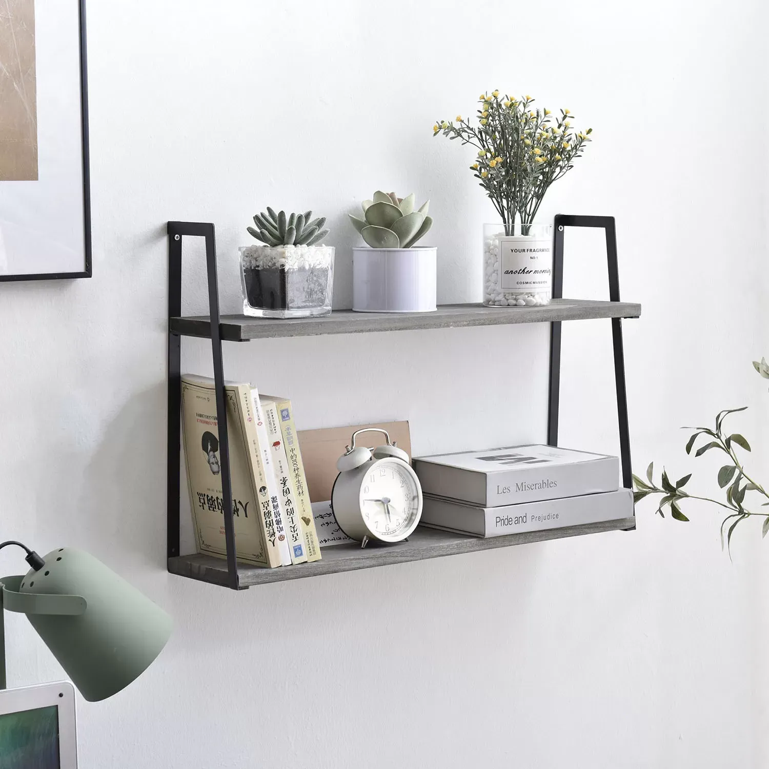 Illustration numéro 2 du produit Set de 2 étagères murales 2 niveaux gris, bois de paulownia