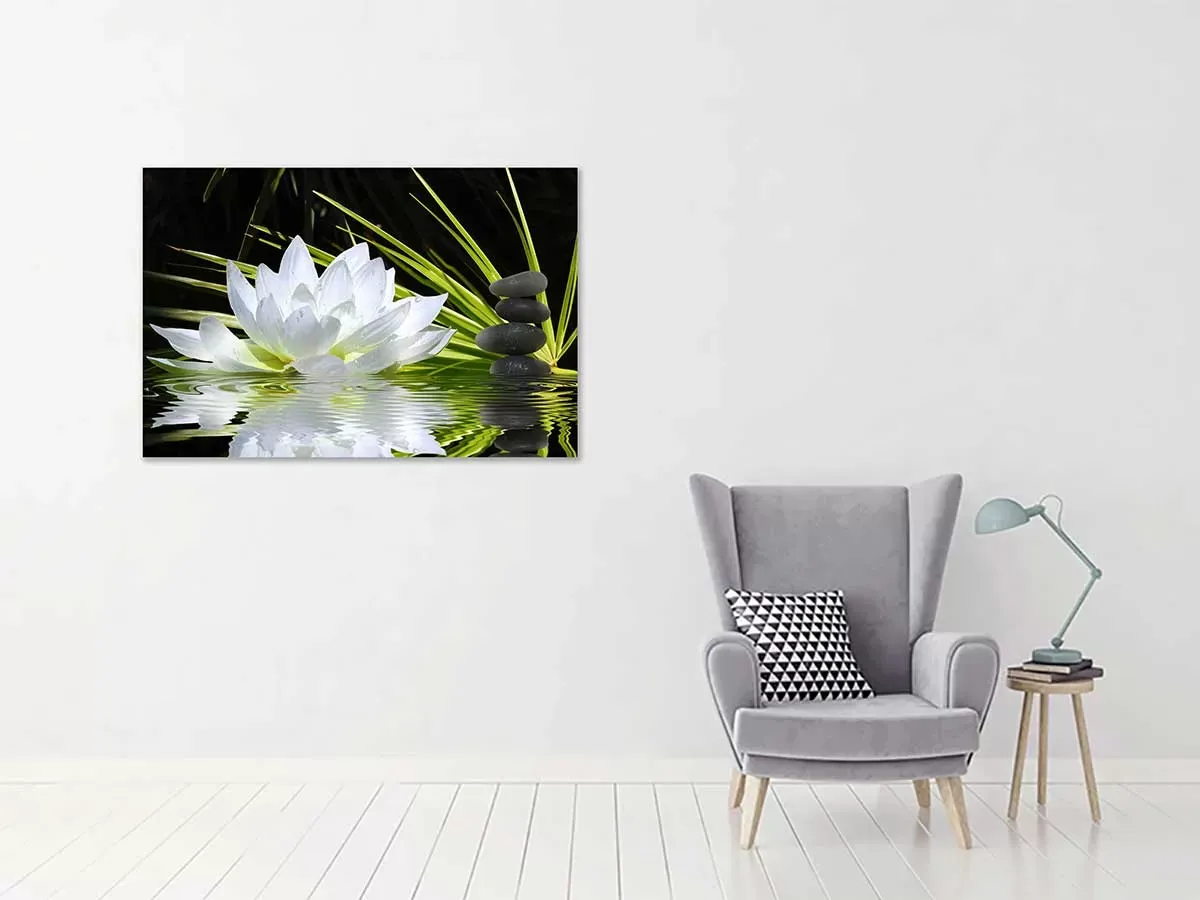 Illustration numéro 2 du produit Tableau fleur de lotus et galets toile imprimée 120x80 cm