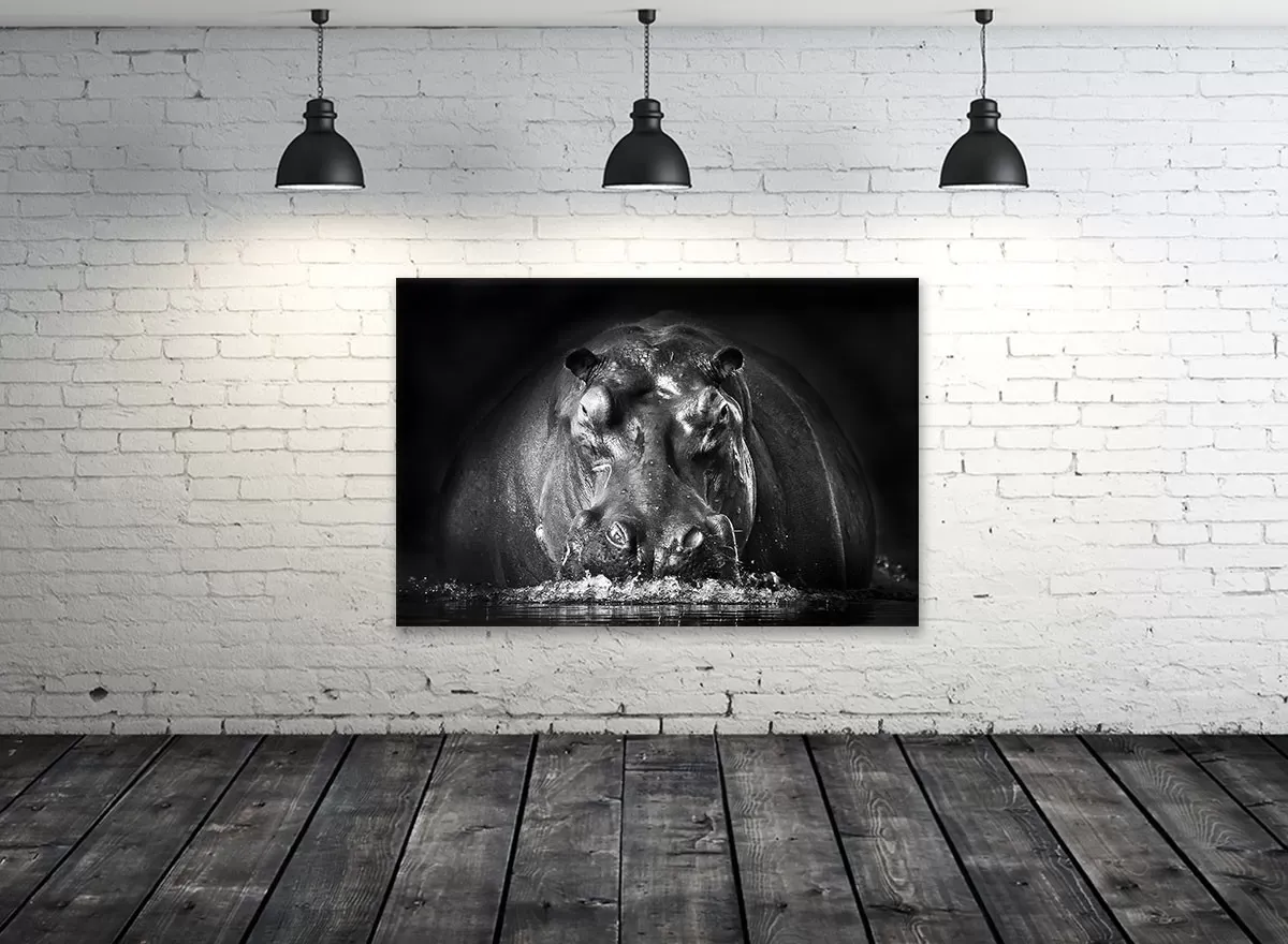 Illustration numéro 2 du produit Tableau animaux portrait hippo toile imprimée 120x80 cm