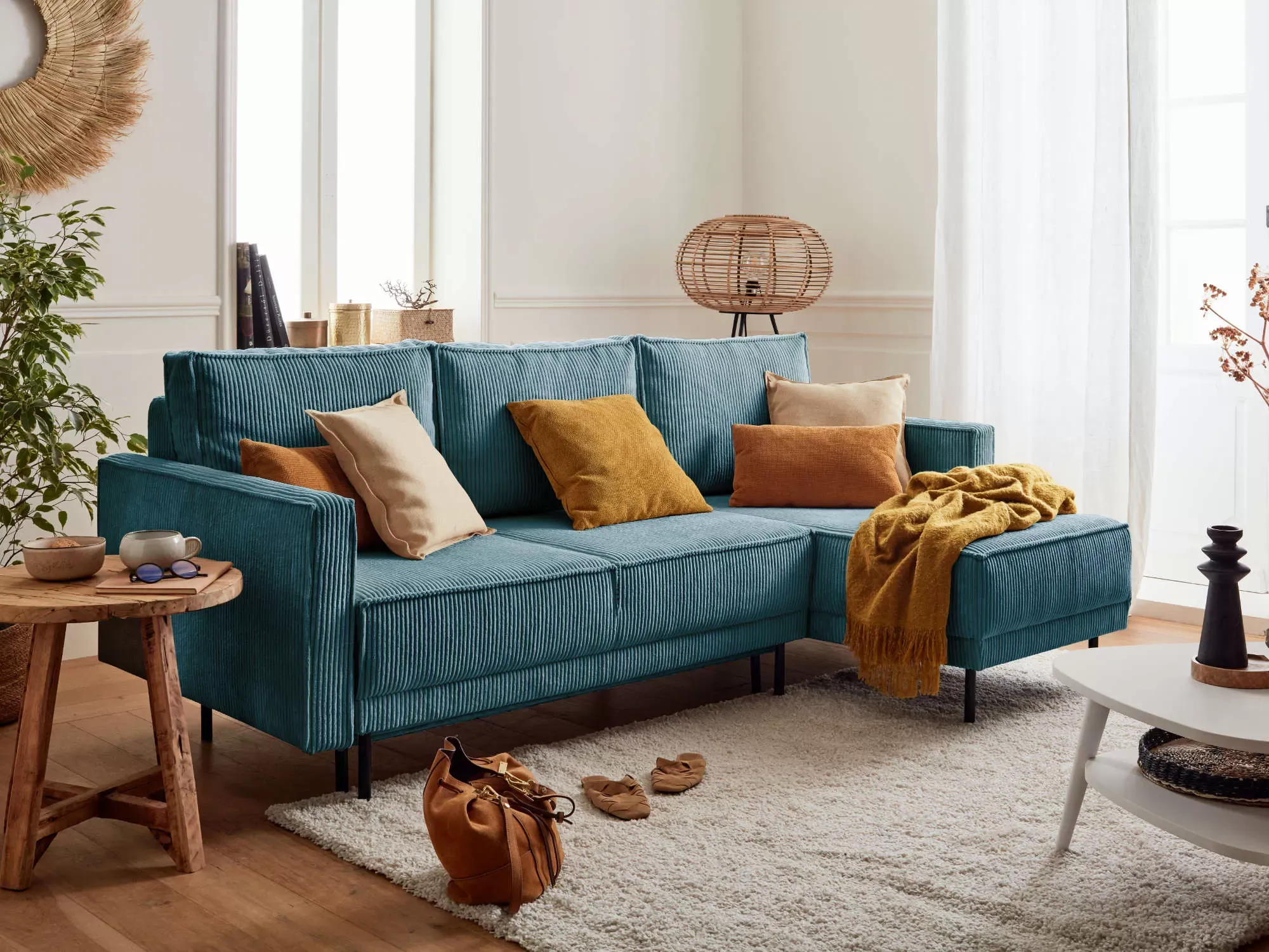 Illustration numéro 2 du produit Canapé d'angle réversible convertible 4 places en velours côtelé bleu