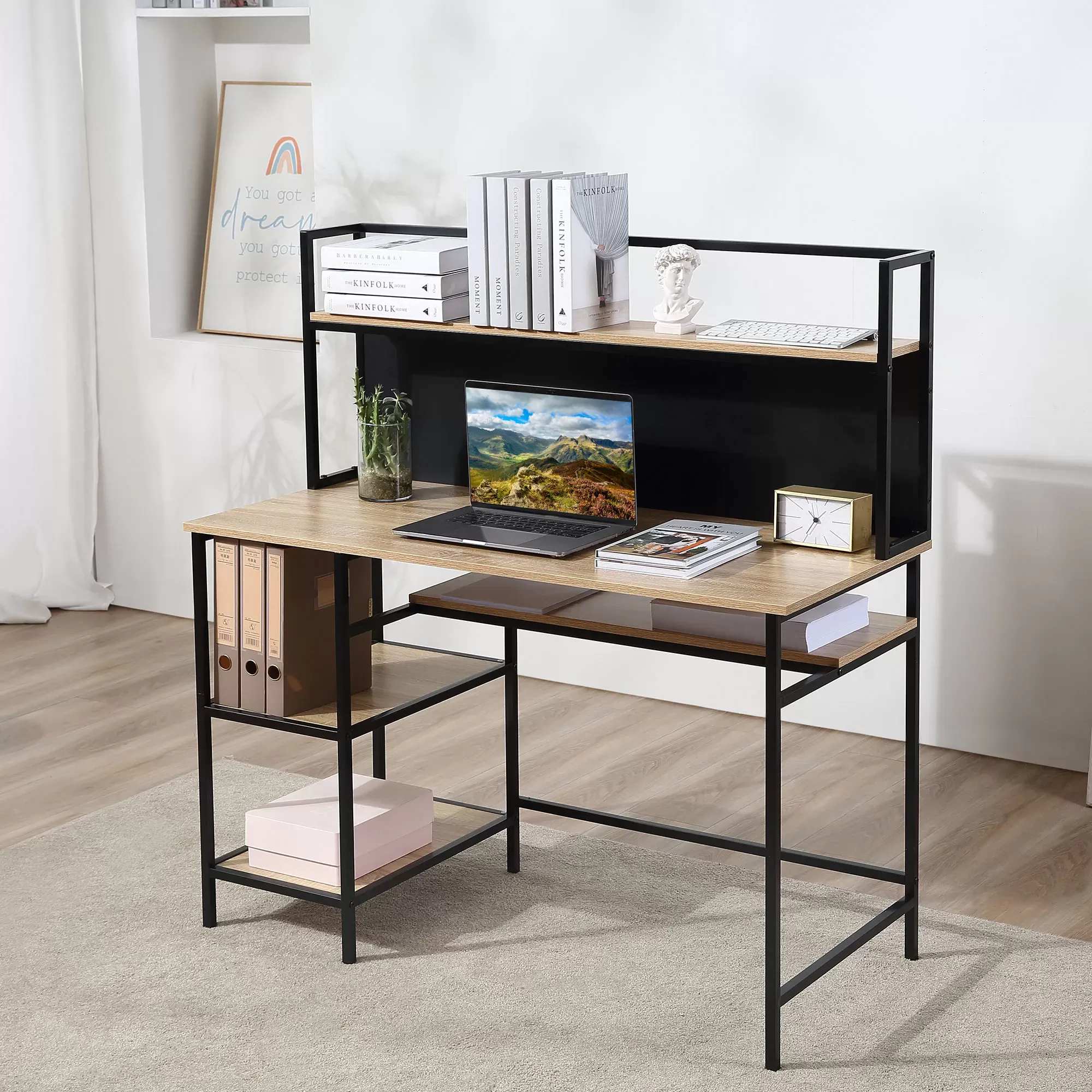 Illustration numéro 2 du produit Bureau informatique 4 étagères panneau noir métal aspect chêne clair