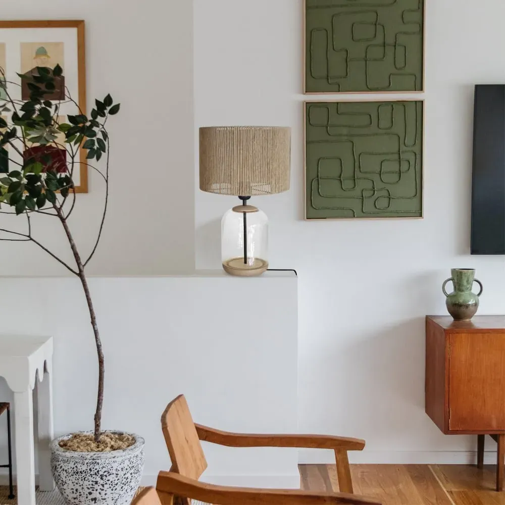 Illustration numéro 2 du produit Lampe à poser verre transparent bois naturel Abat-jour ficelle beige