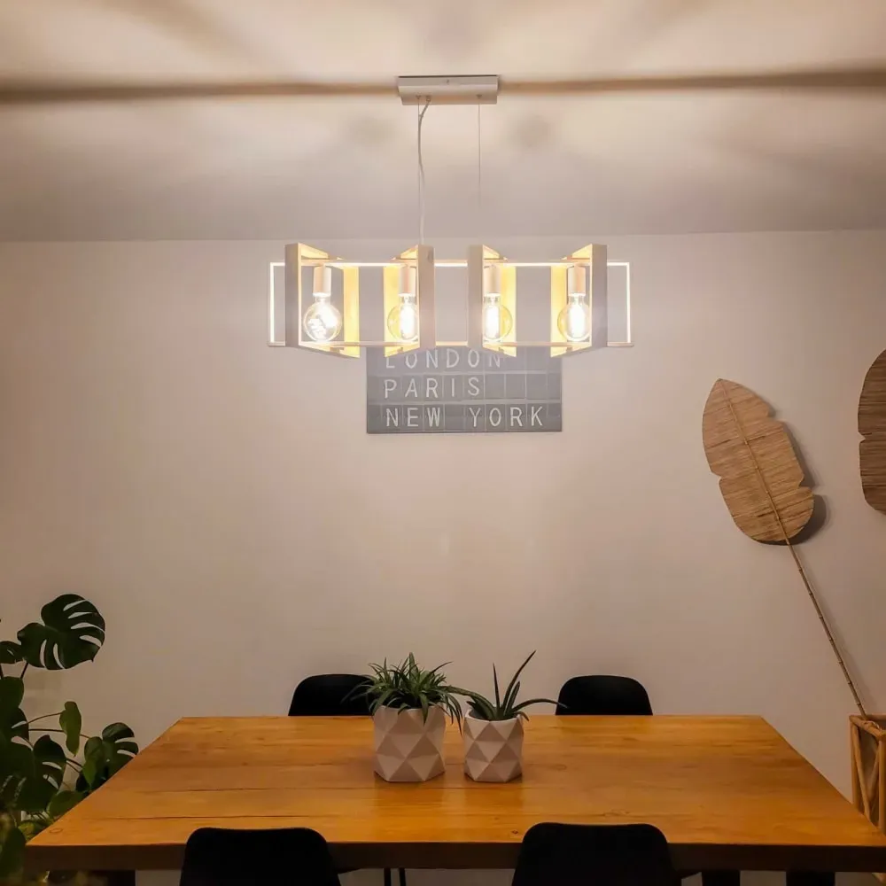 Illustration numéro 2 du produit Suspension 4 lumières en métal blanc et bois naturel
