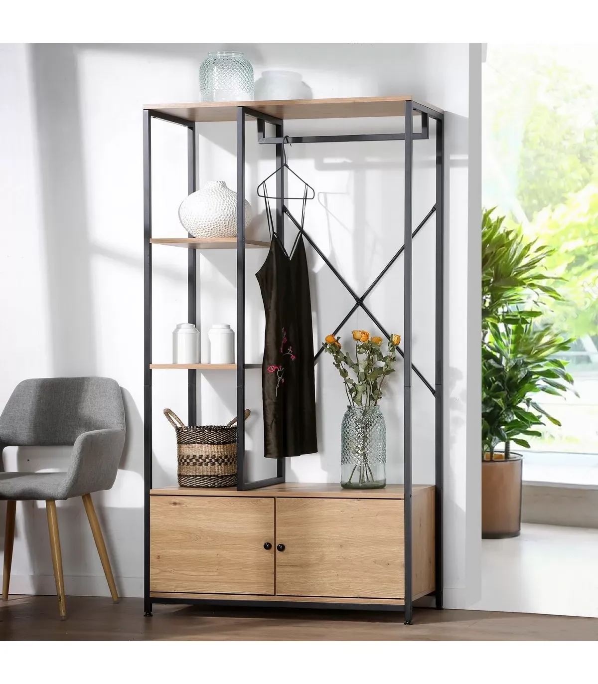 Illustration numéro 2 du produit Penderie avec rangements effet bois - H167 x L90 cm