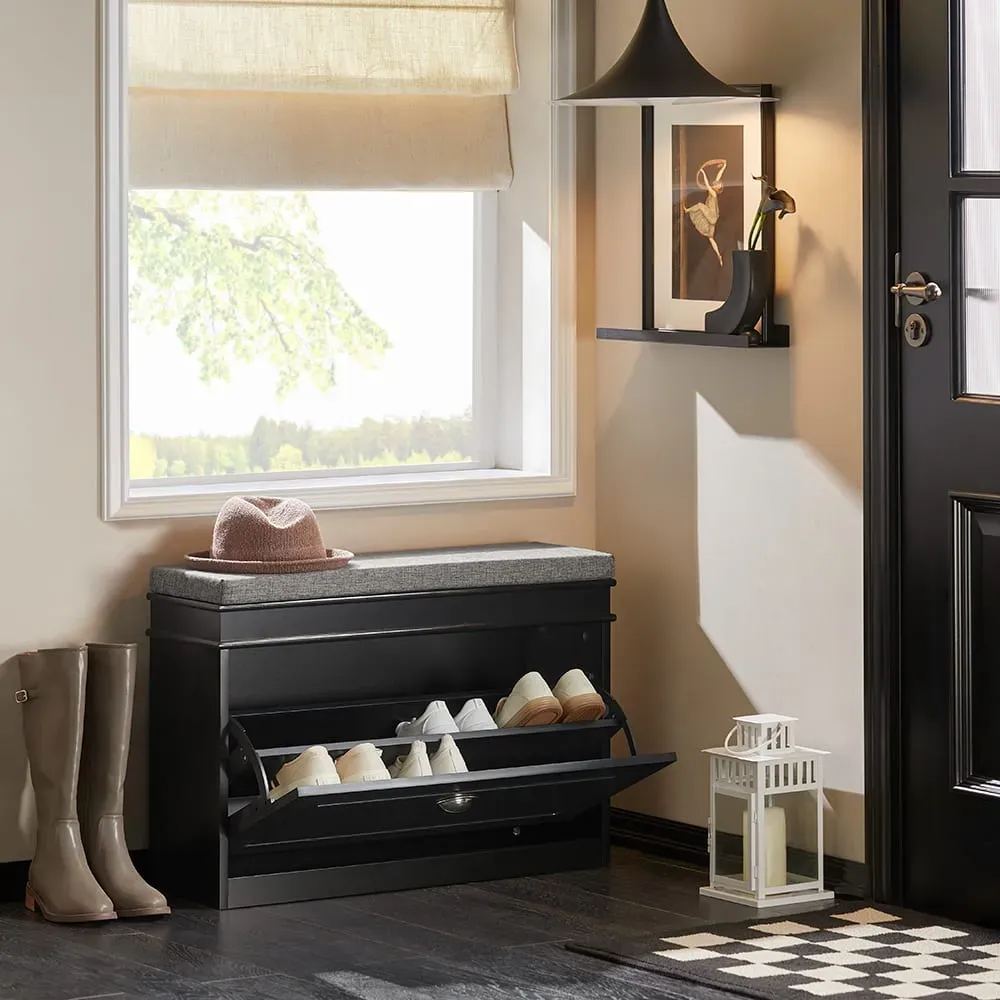 Illustration numéro 2 du produit Banc à chaussures avec porte abattante largeur 75cm effet bois noir