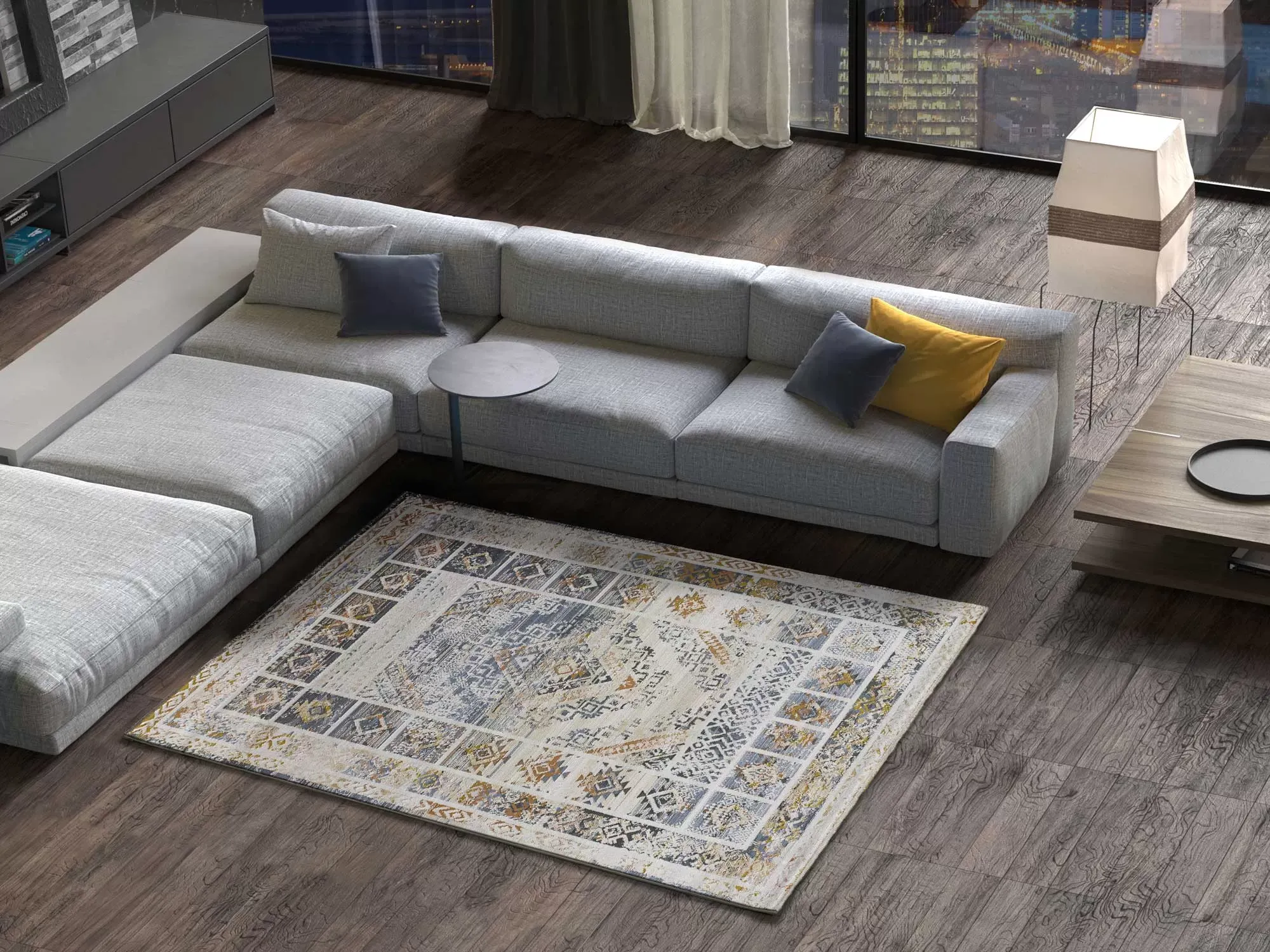 Illustration numéro 2 du produit Tapis vintage crème/bleu/moutarde 192x290 cm