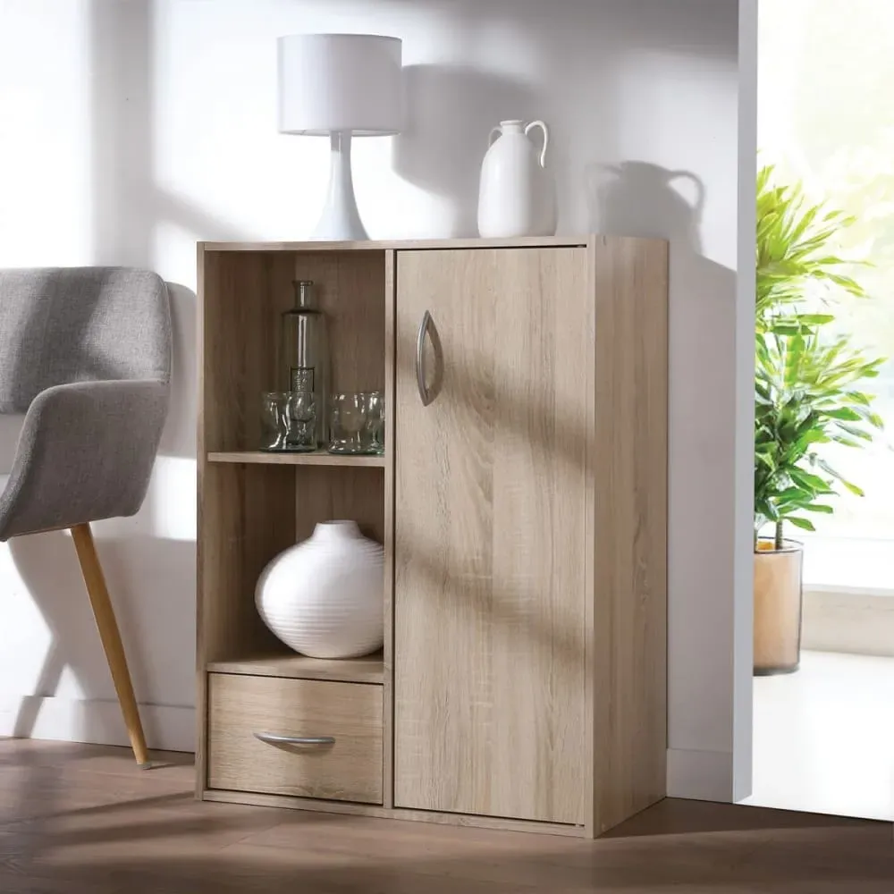 Illustration numéro 2 du produit Étagère de rangement 2 cases 1 tiroir 1 porte effet bois - L62 x H80cm