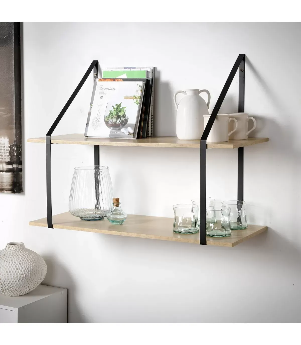 Illustration numéro 2 du produit Etagère murale à 2 niveaux effet bois - L80 x H60 cm