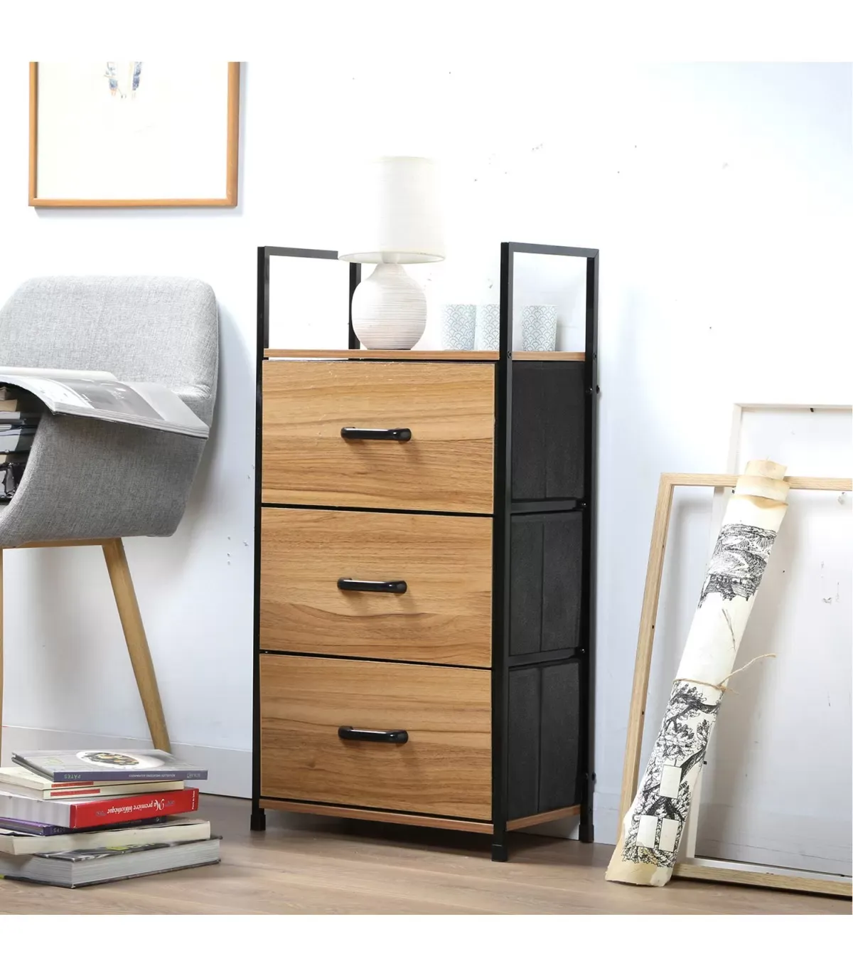 Illustration numéro 2 du produit Chiffonnier 3 tiroirs façade effet bois - L40 x H80 cm