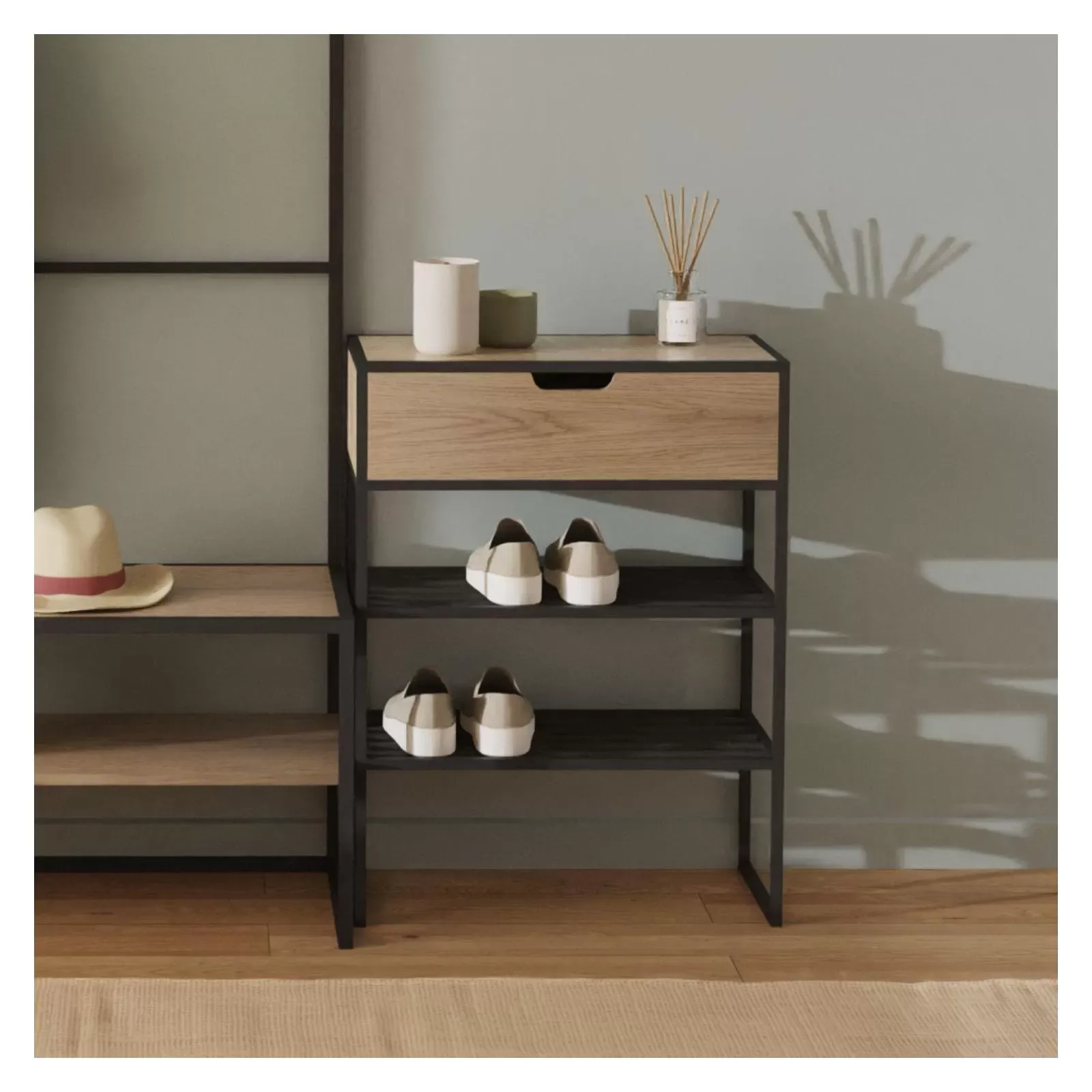 Illustration numéro 2 du produit Console d'entrée rangement chaussures bois et métal 60x80cm