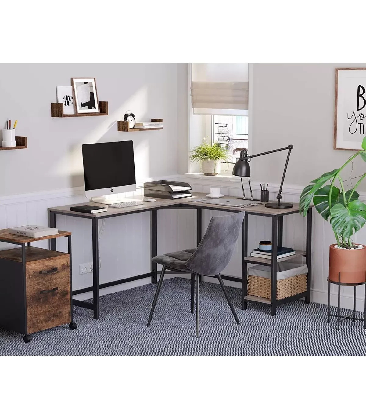 Illustration numéro 2 du produit Bureau d'angle avec 2 étagères effet bois - L138 x H76 cm