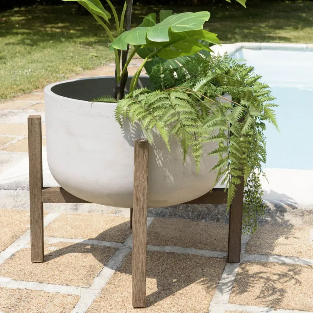 Illustration numéro 2 du produit Pot de fleur rond en béton sur pieds en acacia marron