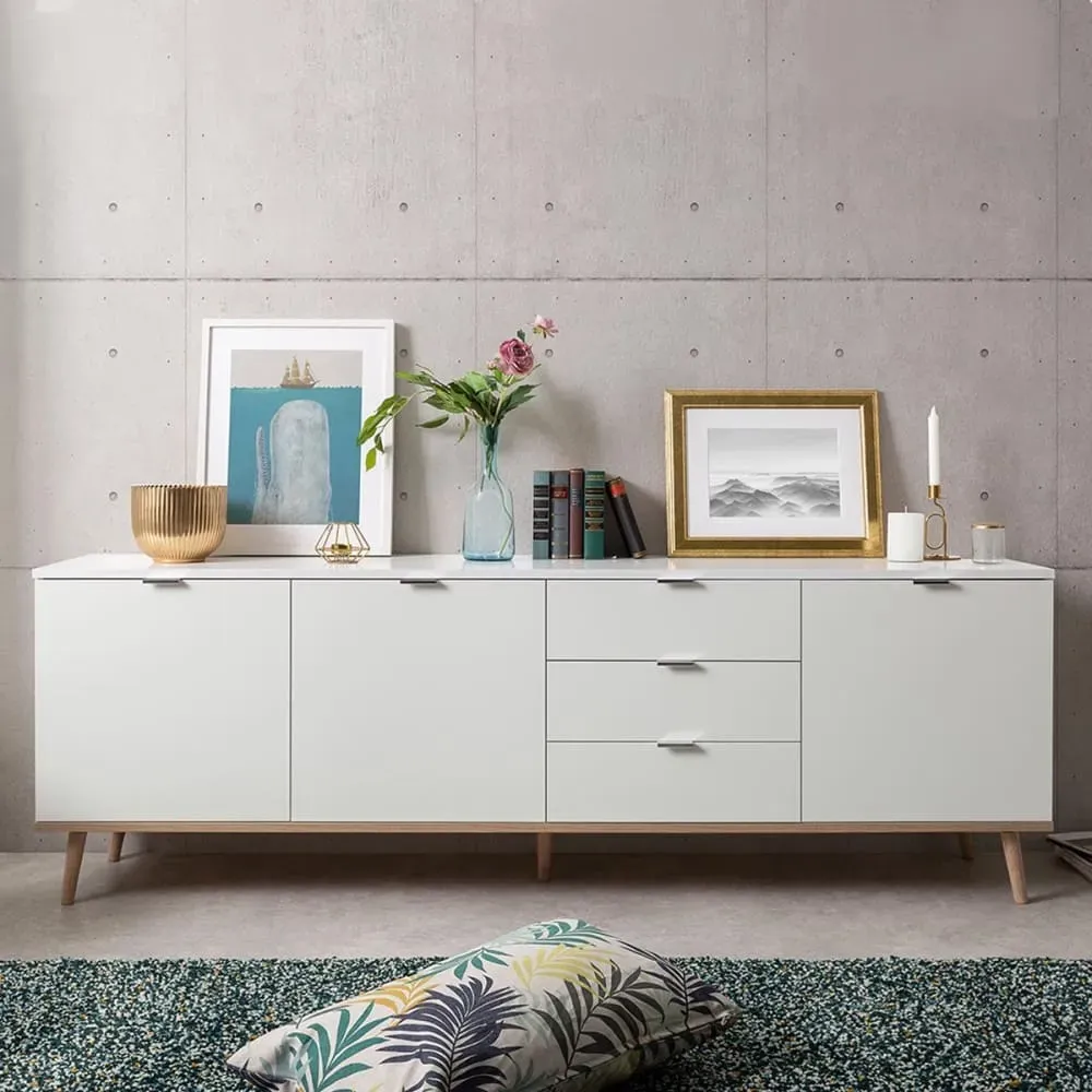 Illustration numéro 2 du produit Buffet bas 3 portes 2 étagères 3 tiroirs L200 x H68 cm - Blanc