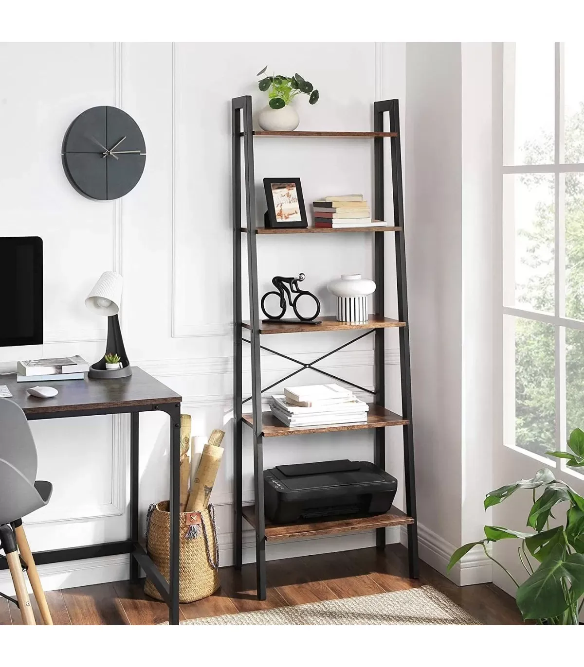 Illustration numéro 2 du produit Etagère 5 niveaux style industriel - Effet Bois foncé