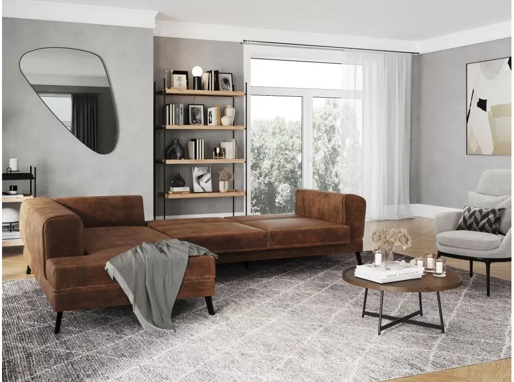 Illustration numéro 2 du produit Canapé d'angle gauche convertible 2 coffres en tissu marron industriel