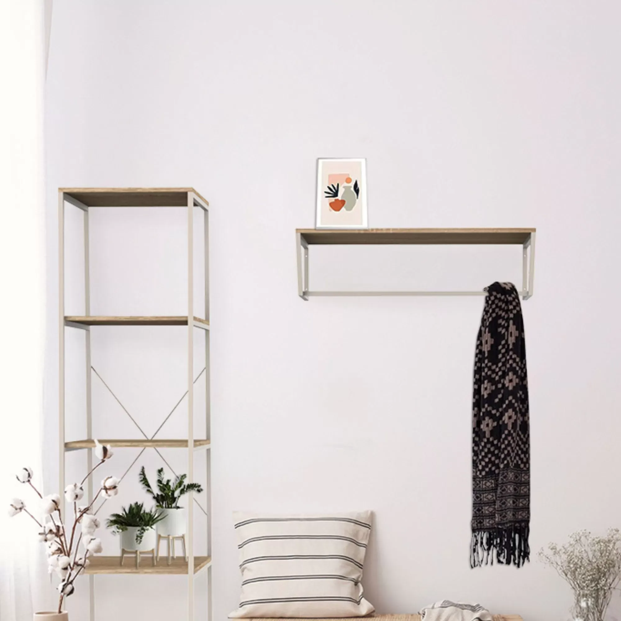 Illustration numéro 2 du produit Étagère murale en métal avec aspect chêne, beige, 80x36x22cm