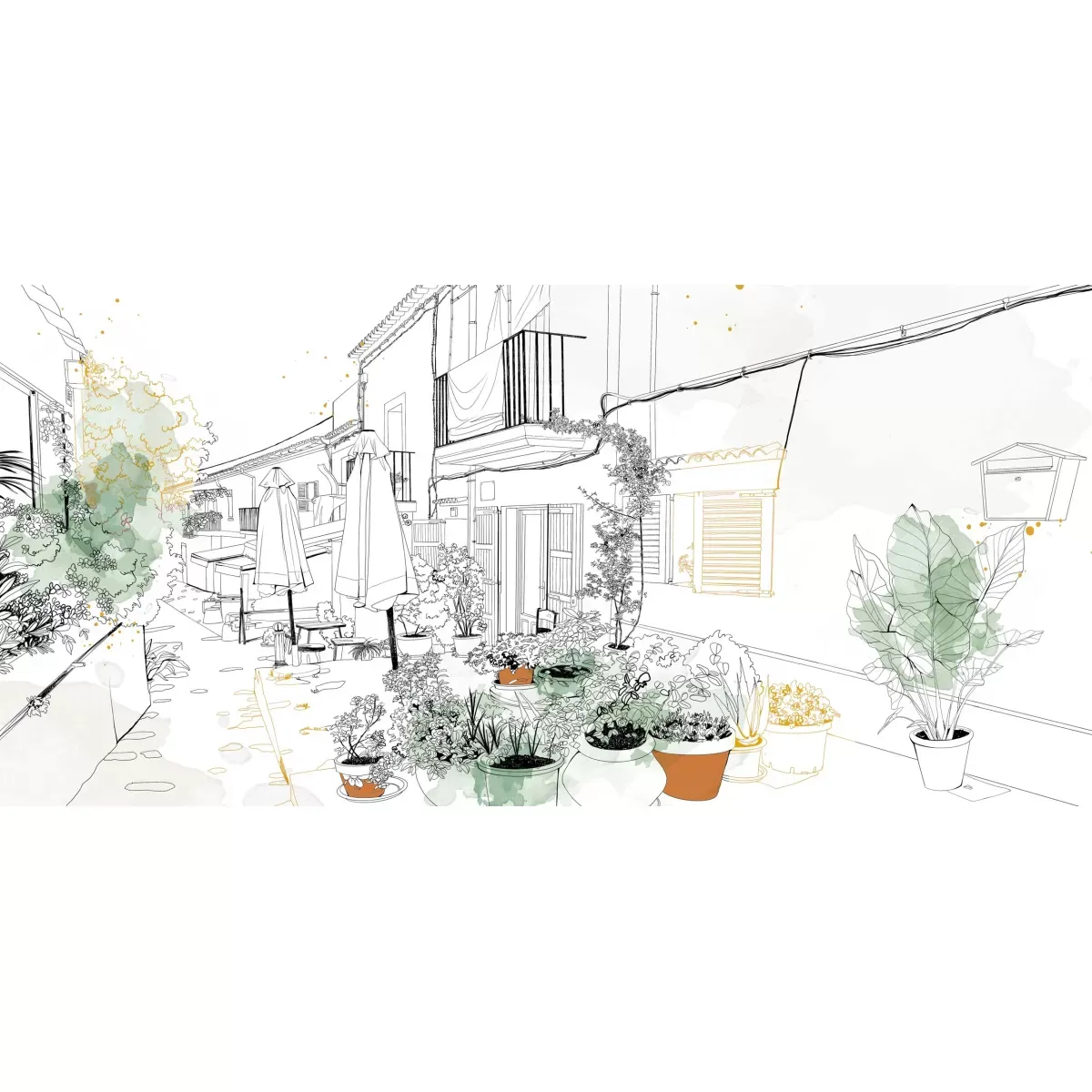 Illustration numéro 2 du produit Papier peint panoramique terrasse d'été vert 225x250cm